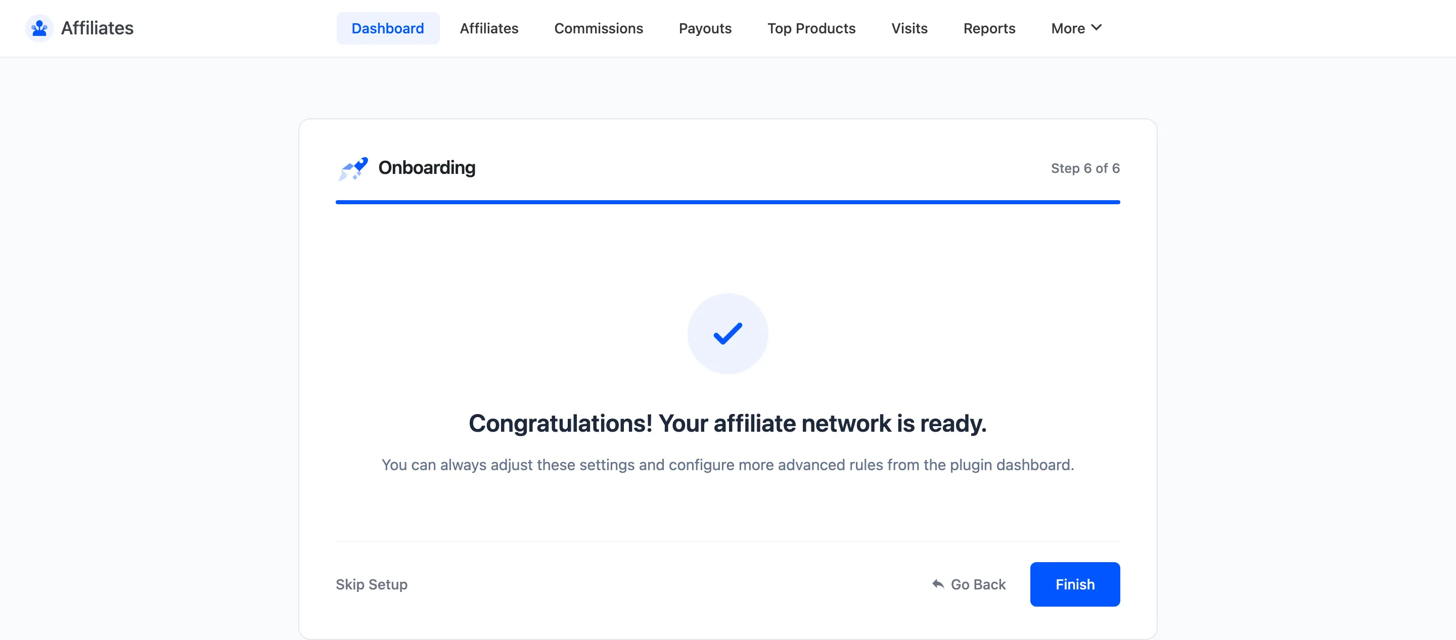 The wizard completion screen confirming the affiliate network is ready