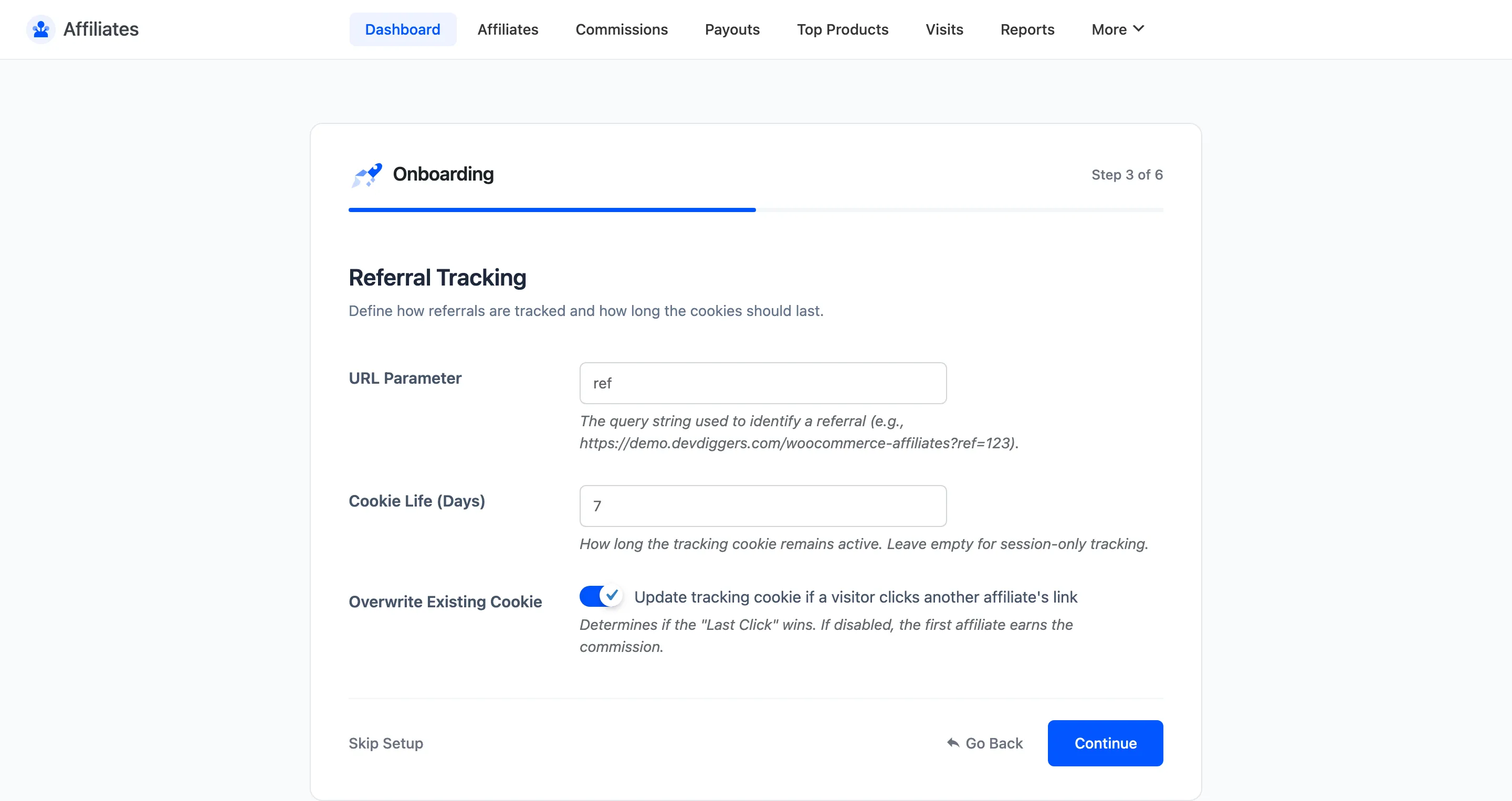 The Referral Tracking step with the URL parameter and cookie life fields