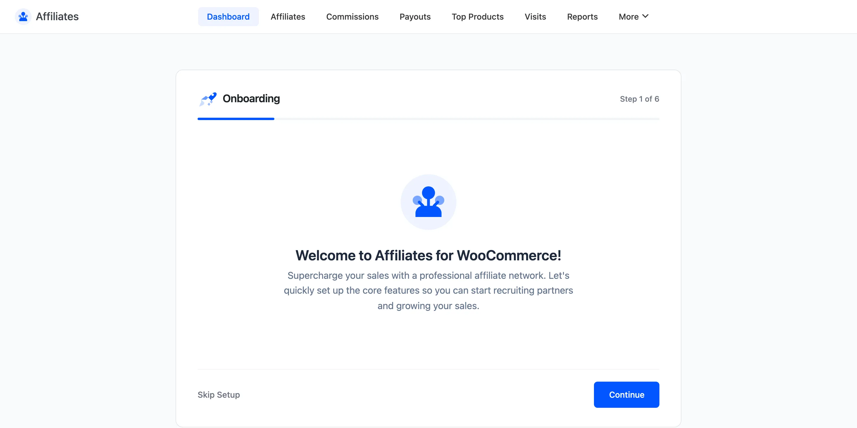 The Affiliates onboarding wizard welcome screen