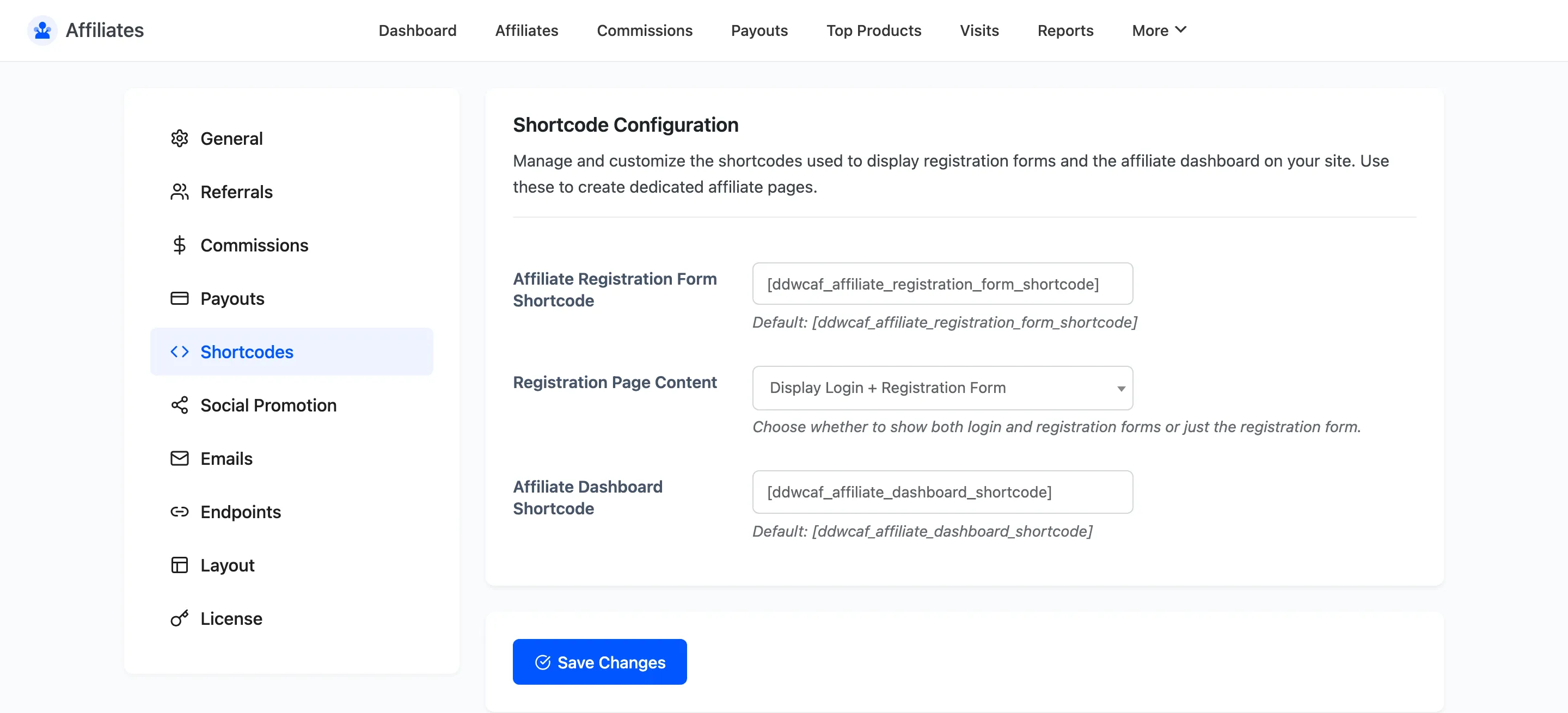 The Affiliates Shortcodes settings tab with both shortcode fields and the registration content option