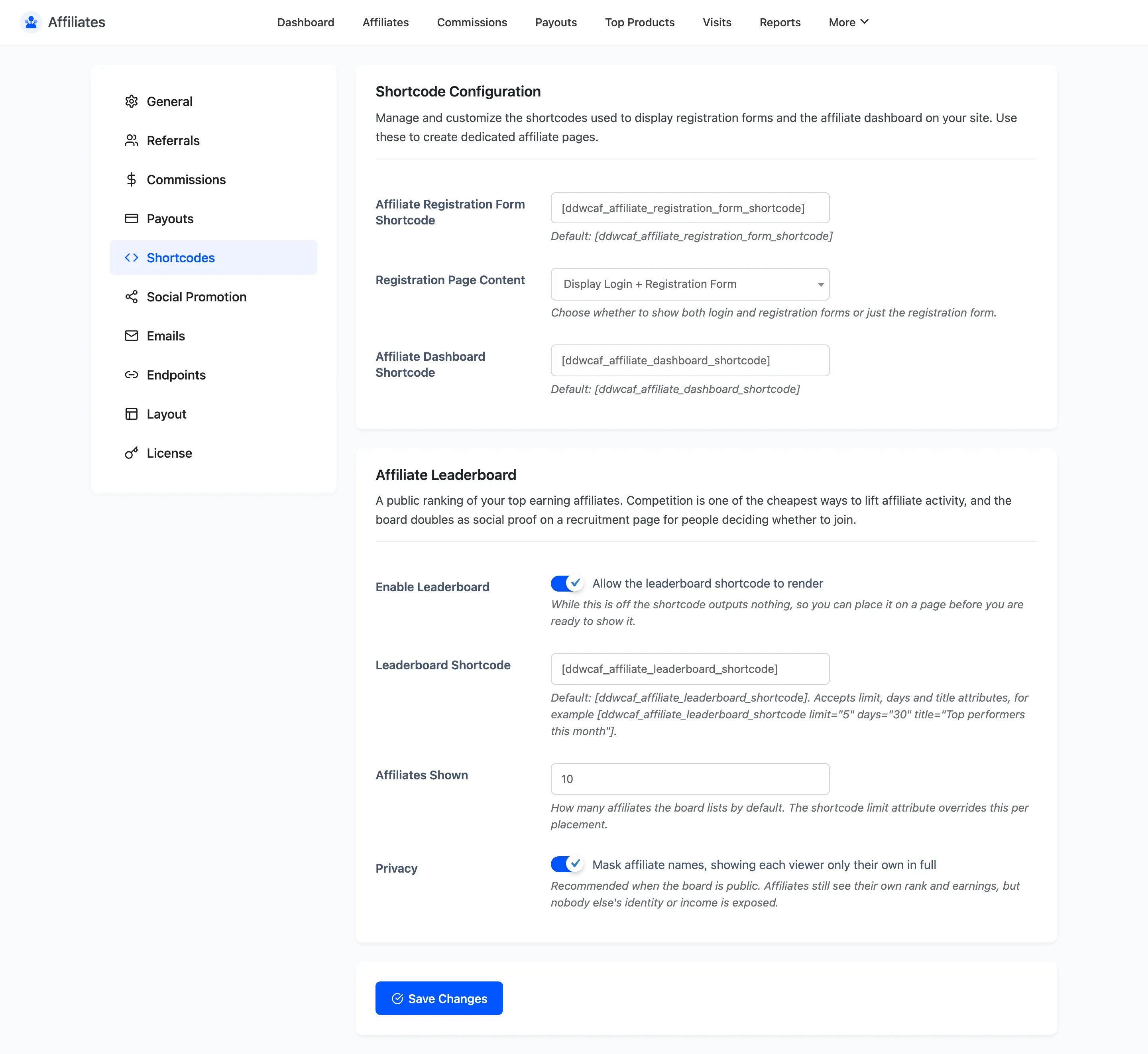 The Affiliates Shortcodes settings tab with both shortcode fields and the registration content option