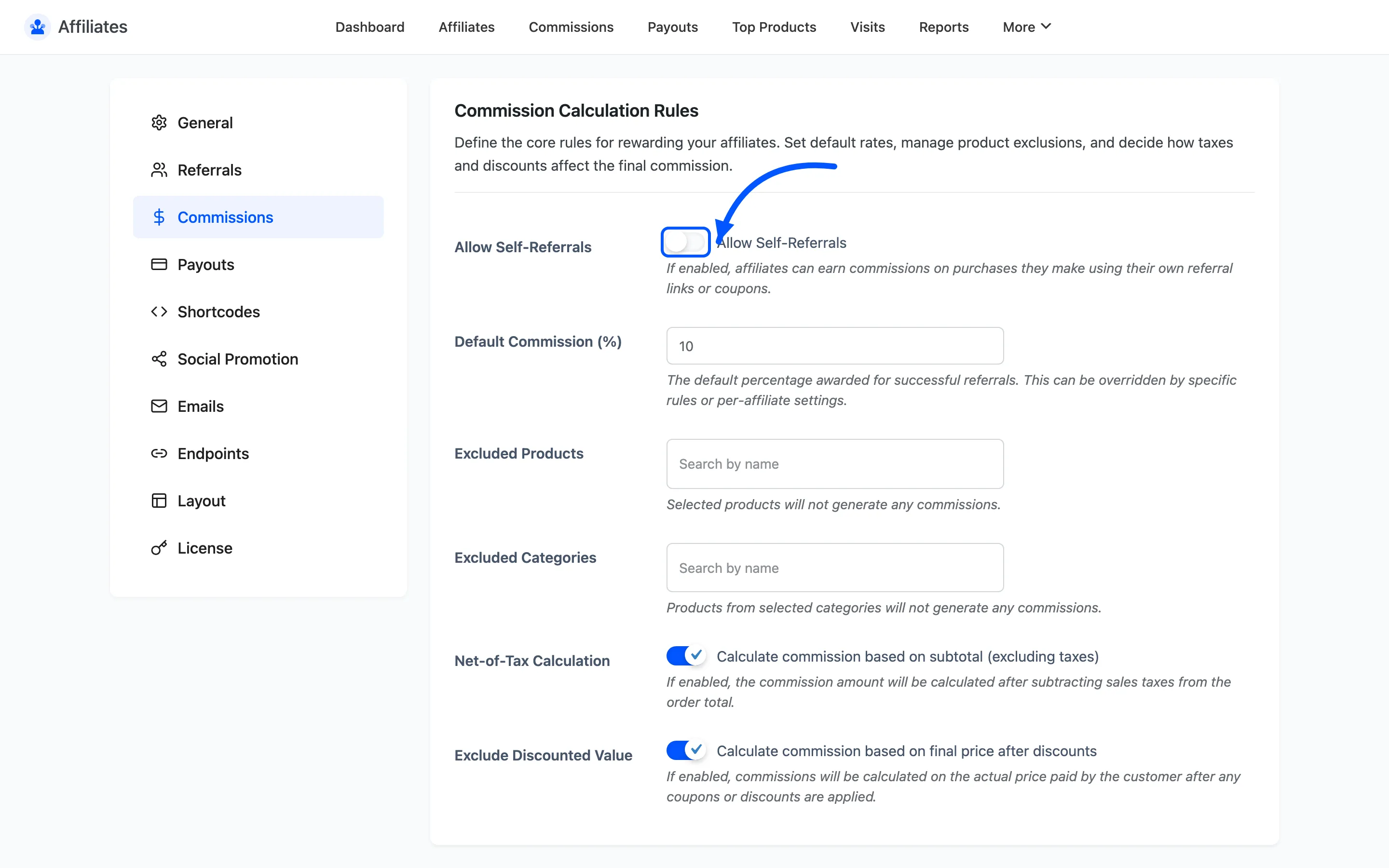 The Allow Self-Referrals toggle on the Commissions settings tab