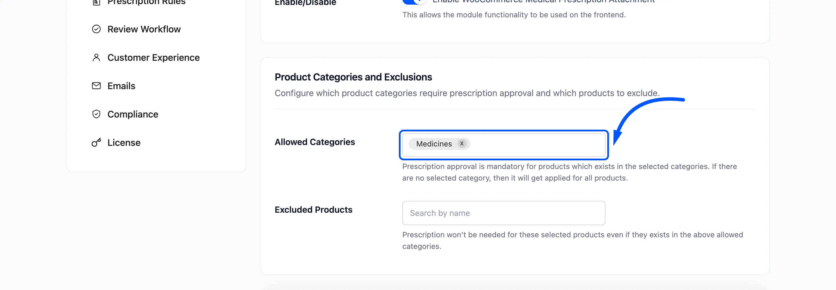 The Allowed Categories field with Medicines selected