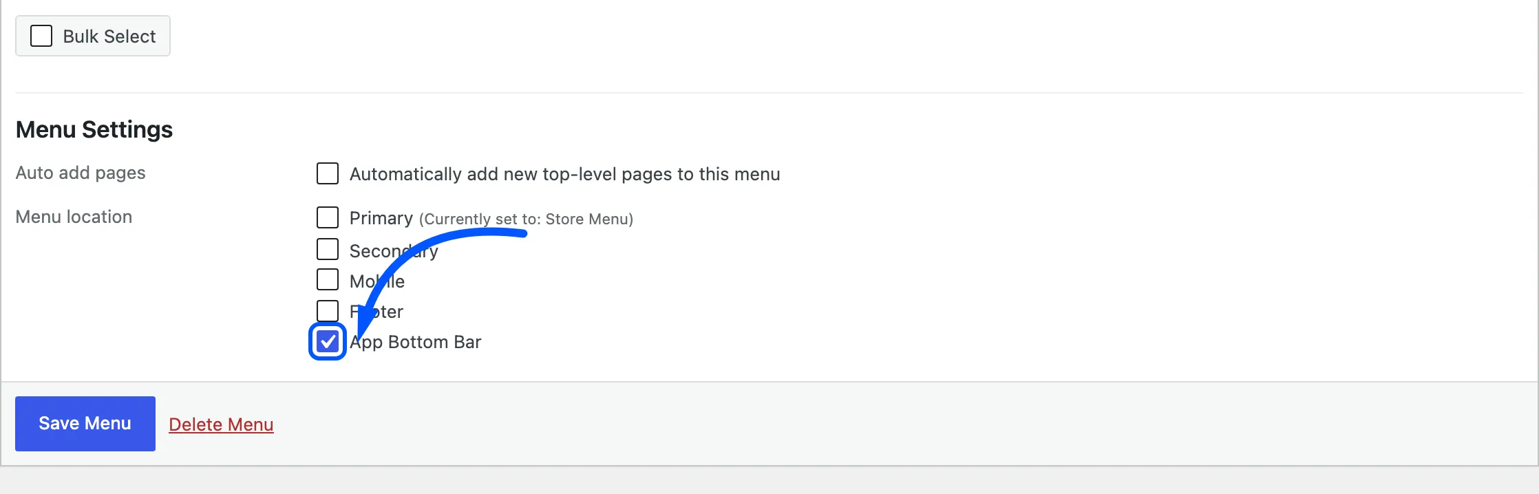 The App Bottom Bar location under Appearance, Menus