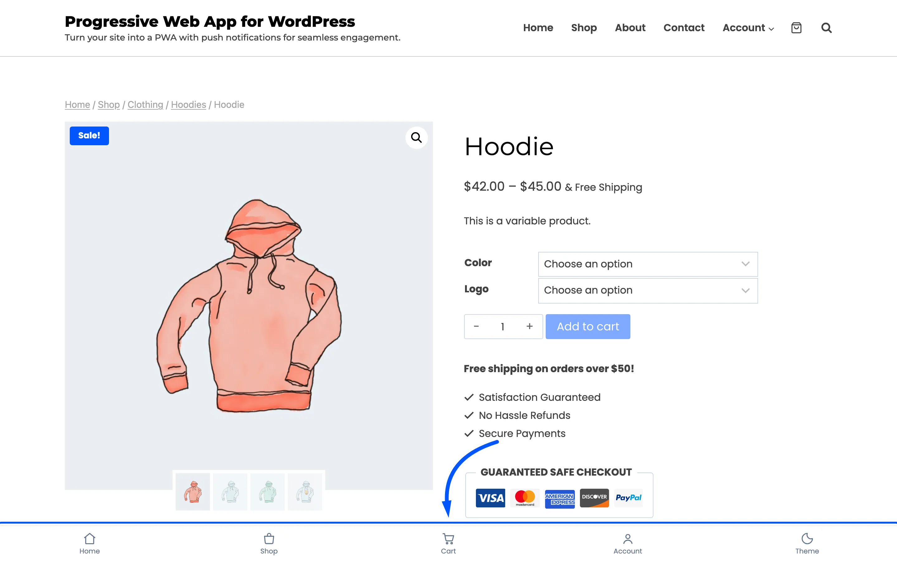 The tab bar along the bottom of a product page in the installed app