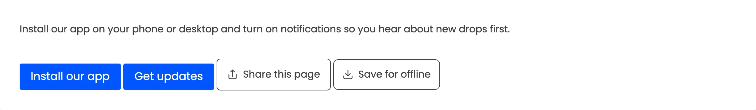 A page carrying the install, notifications, share and save-offline buttons side by side