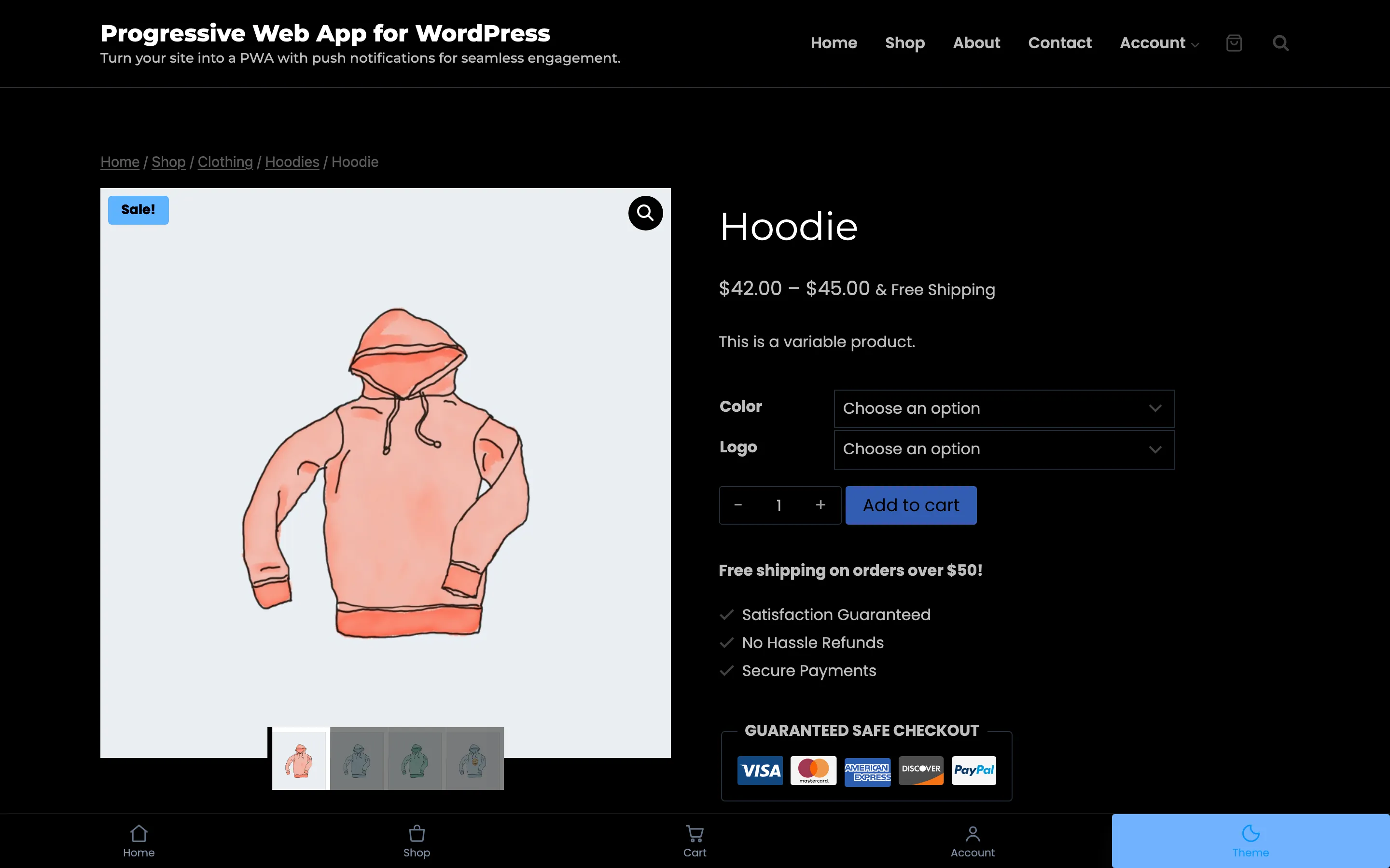A product page in the installed app with dark mode on