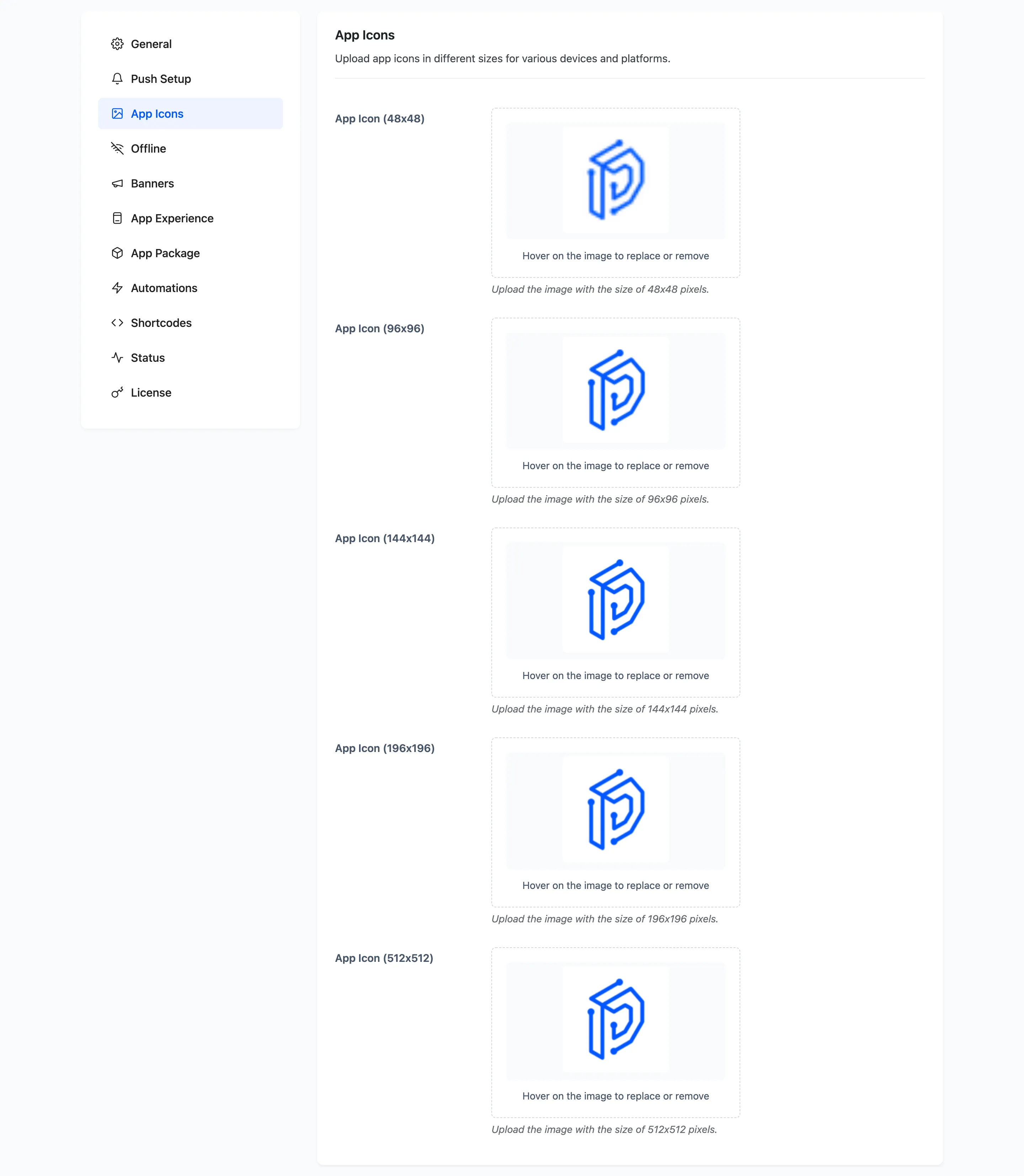 The App Icons section, with five sizes