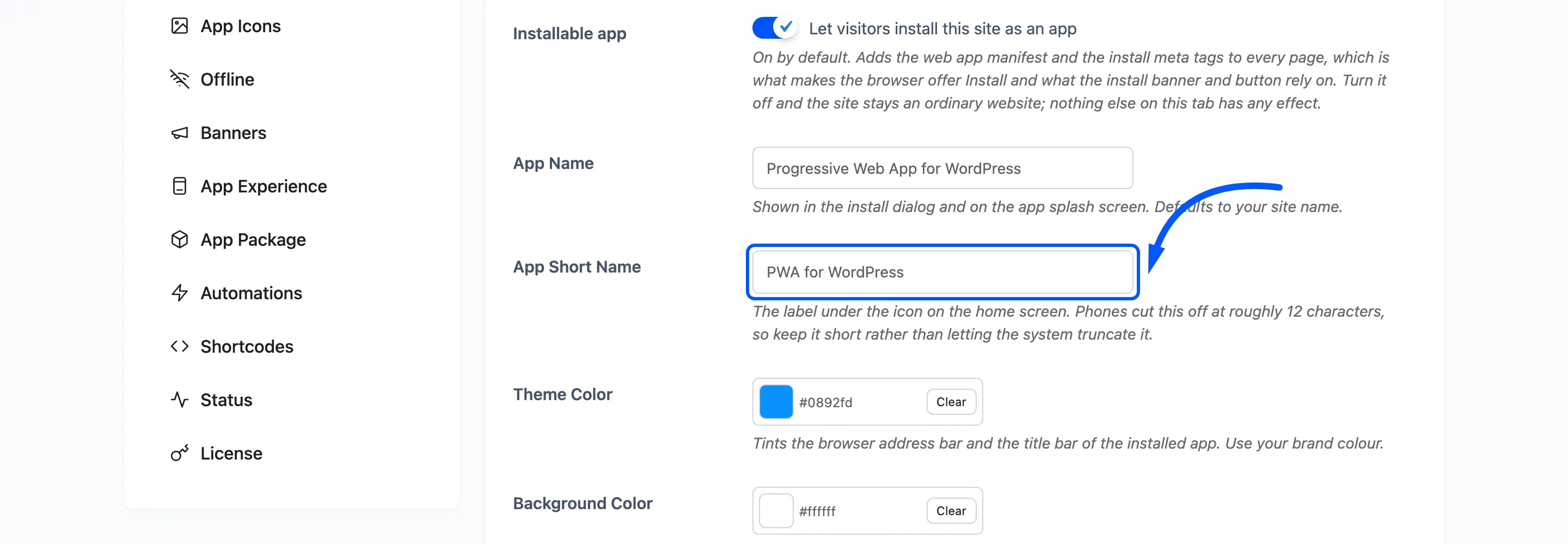 The App Short Name field