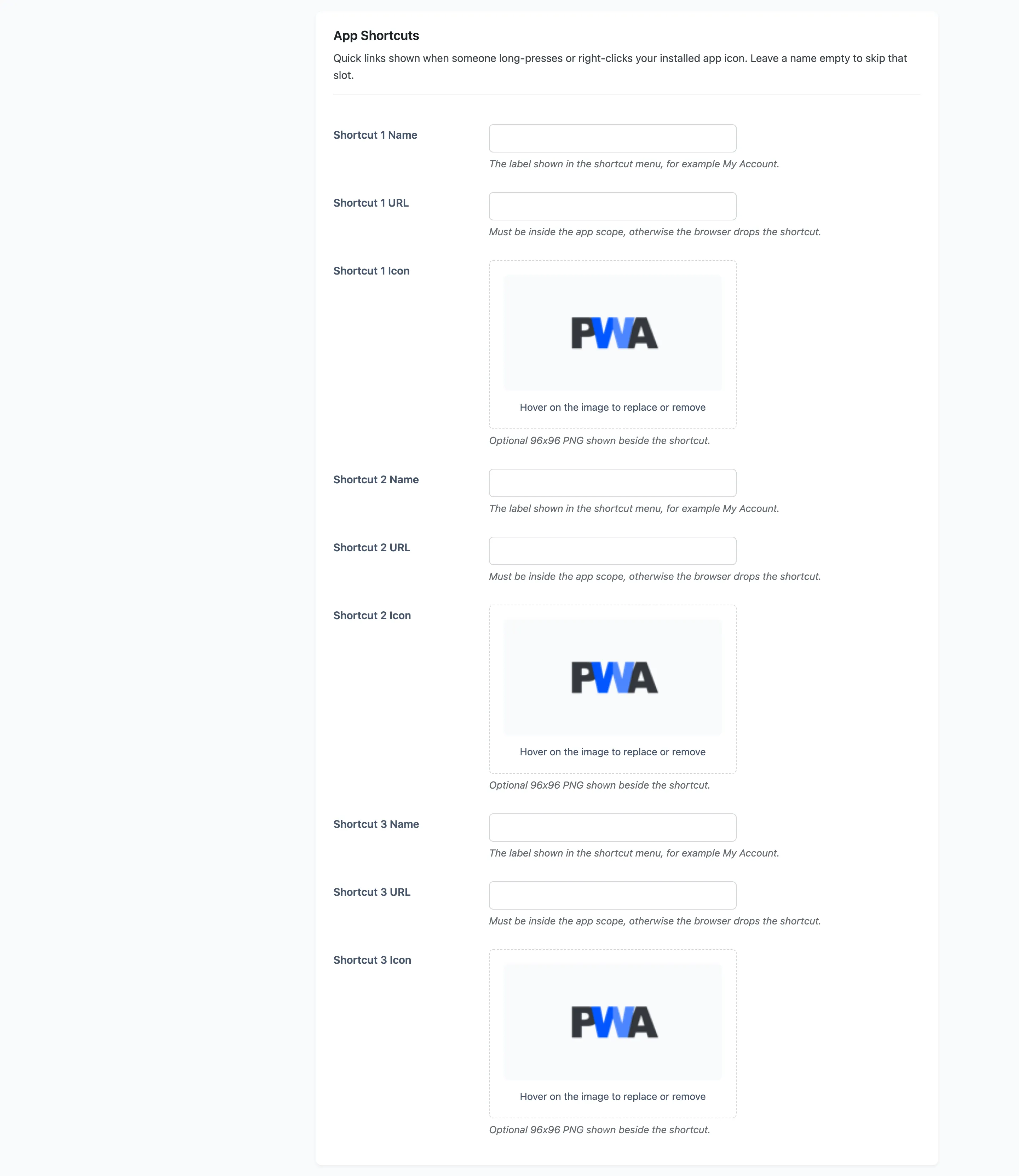 The App Shortcuts section, with three slots