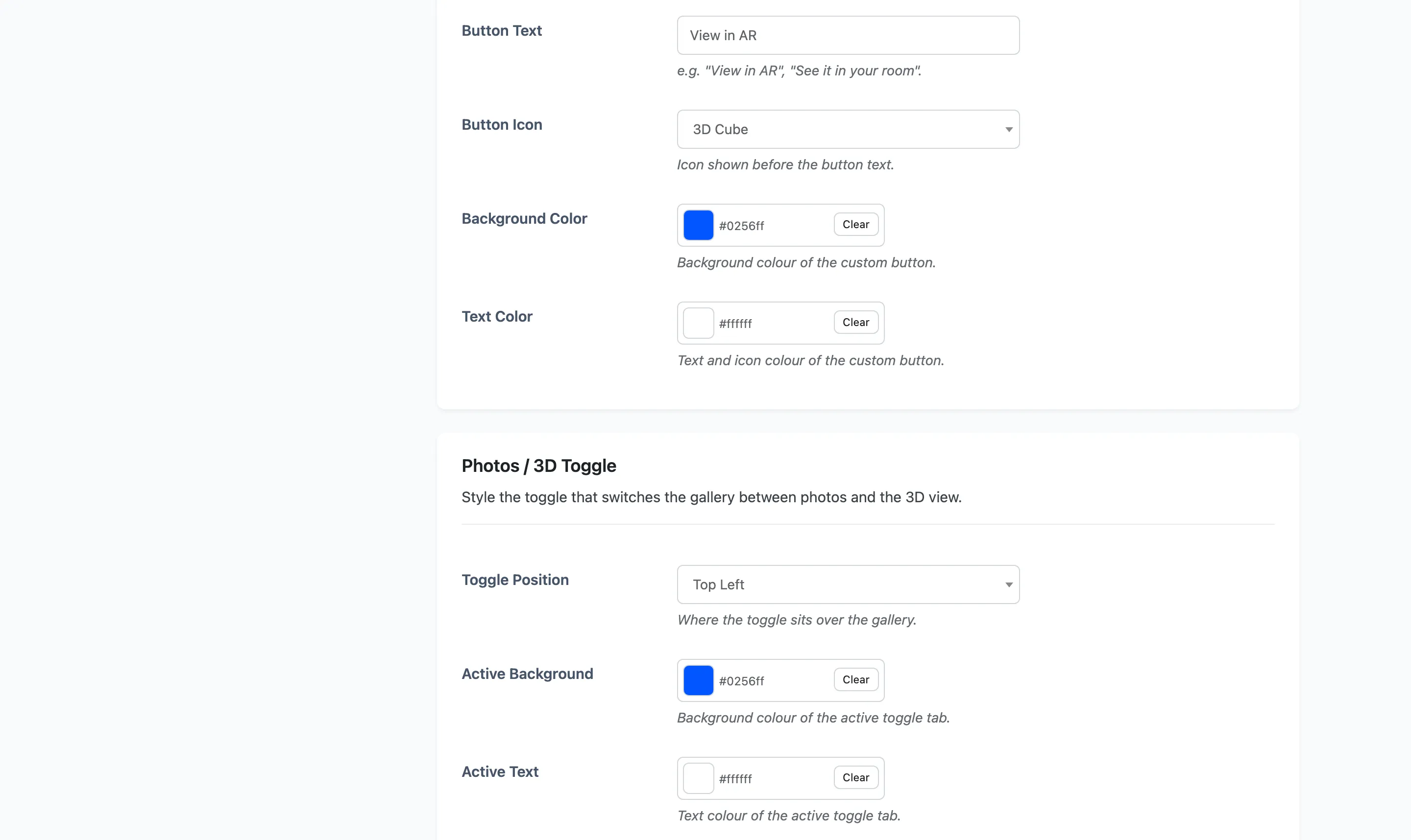 The Custom Button and Photos / 3D Toggle sections