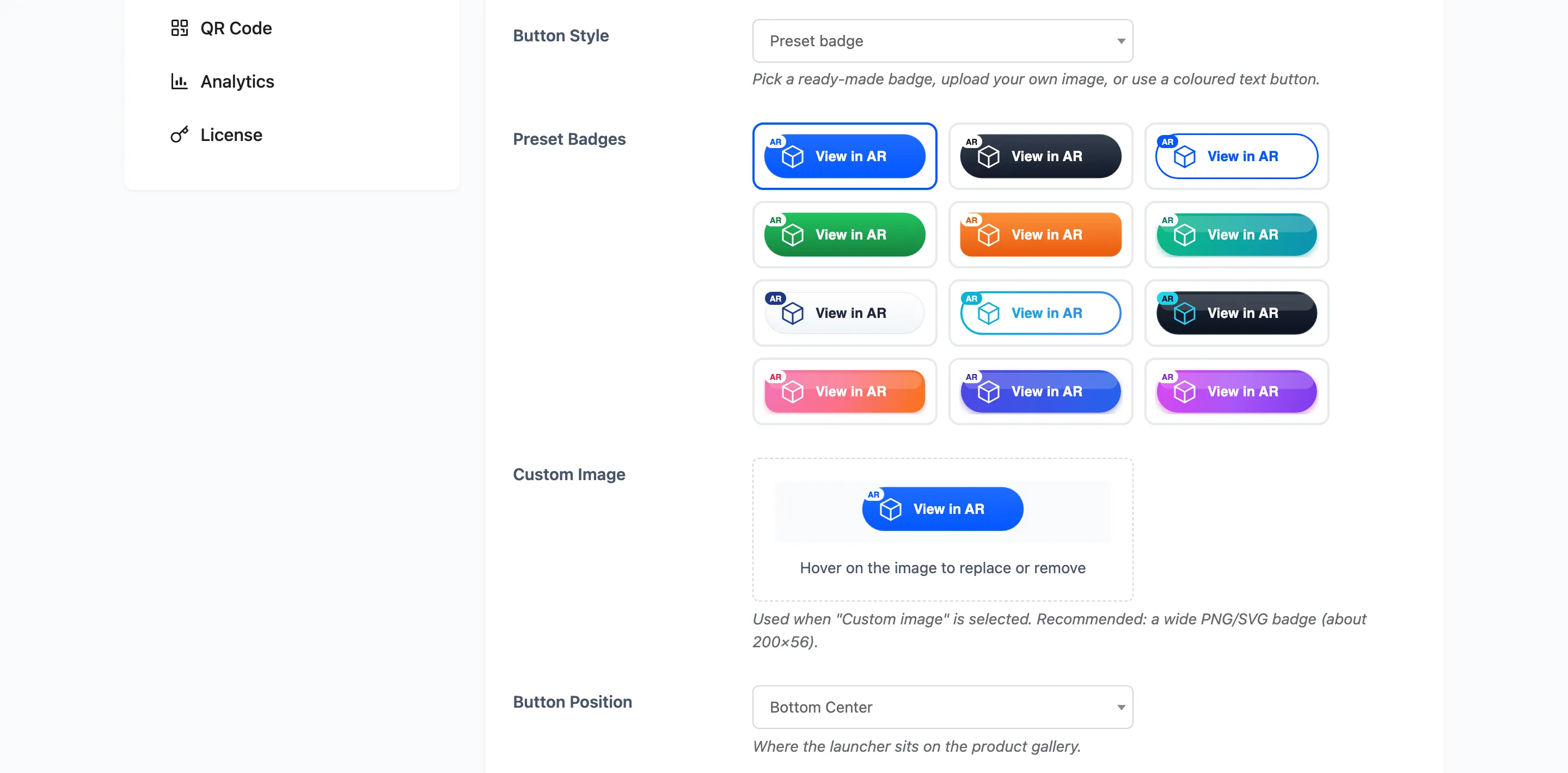 The AR Launch Button section with its style, presets, image and position fields