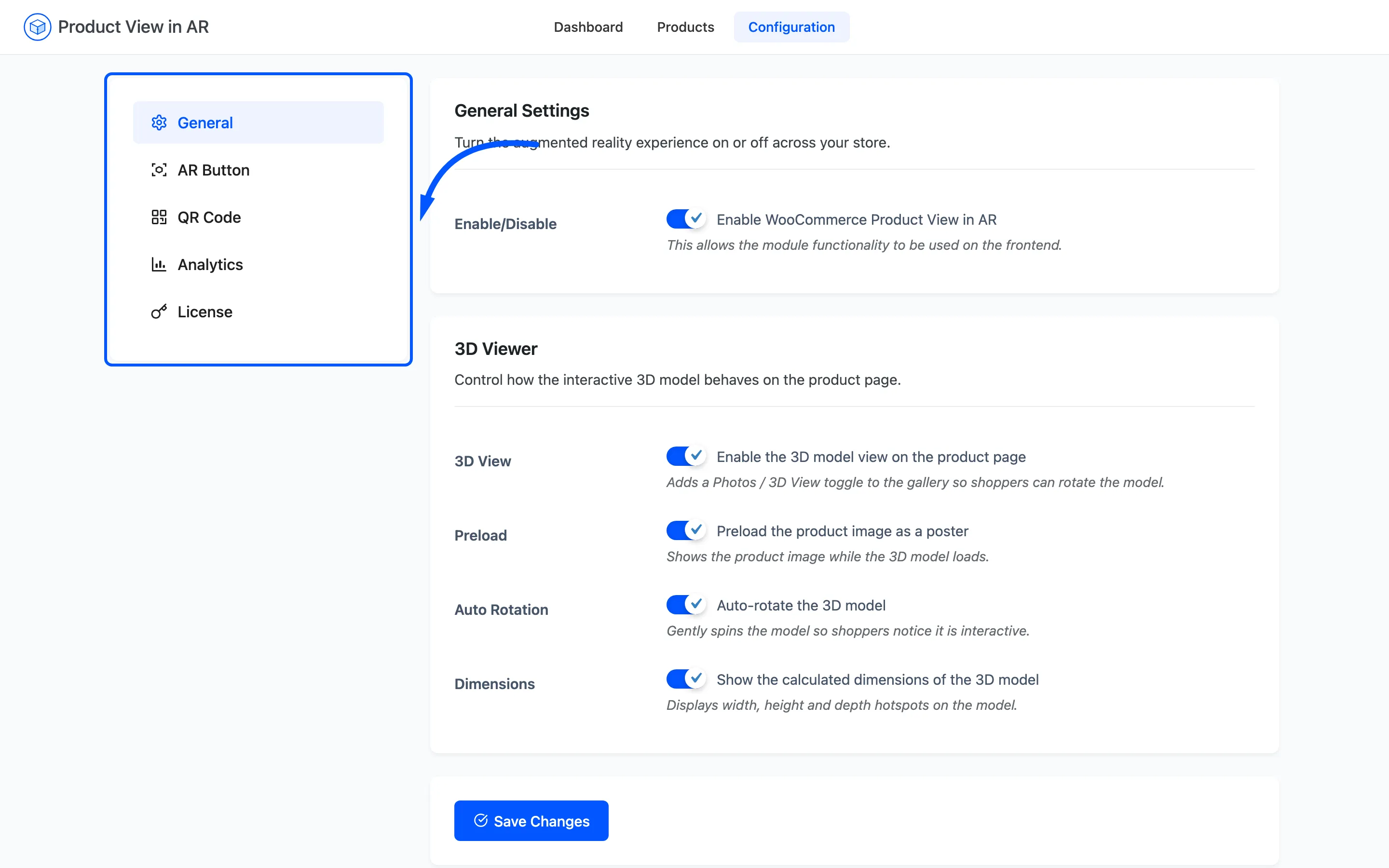 The five tabs in the Product View in AR configuration sidebar