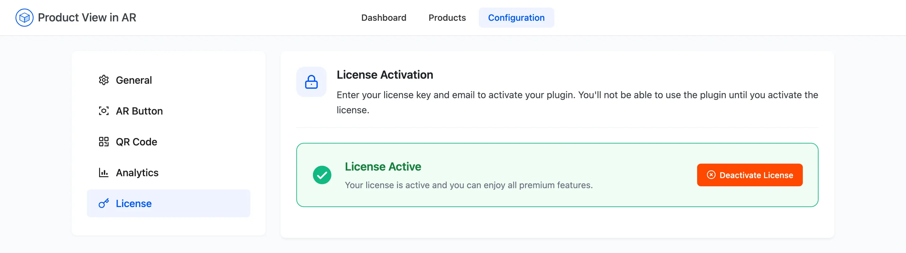 The License tab showing an activated license