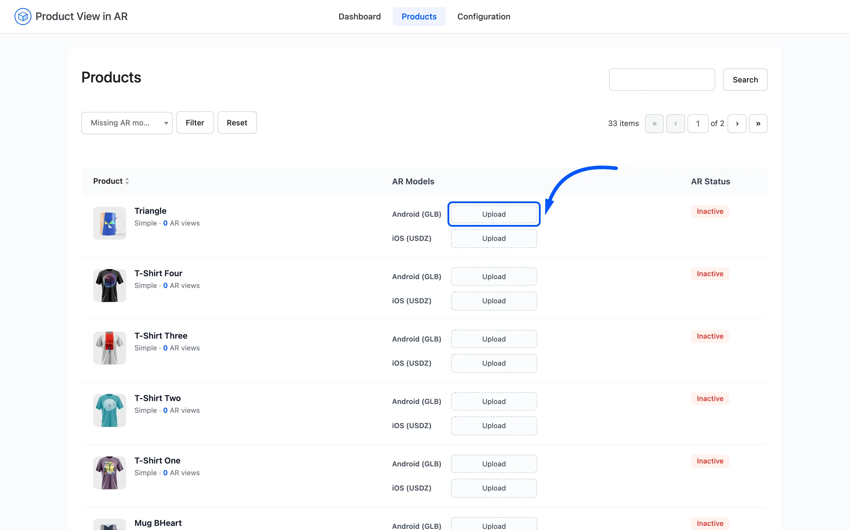 The Upload control on a product row