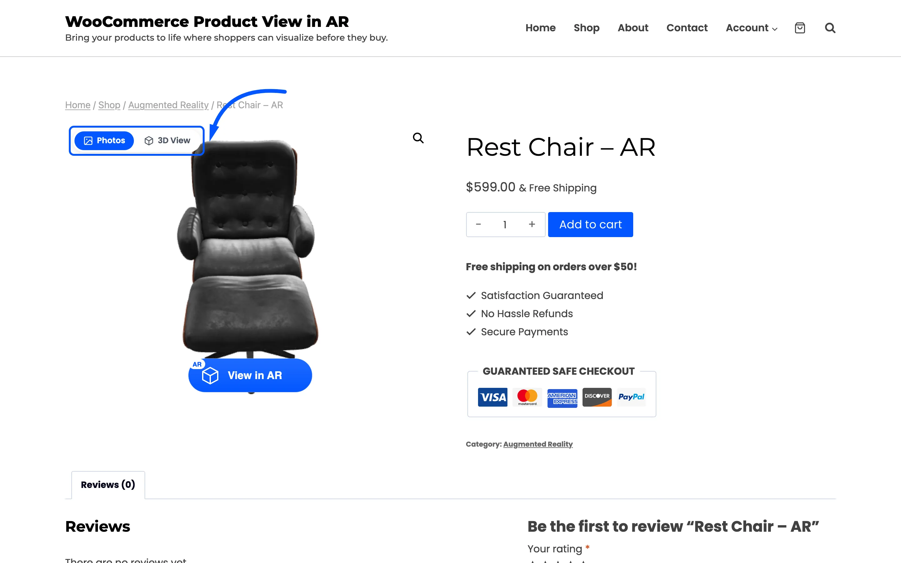 The Photos and 3D View toggle over the product gallery, with Photos selected