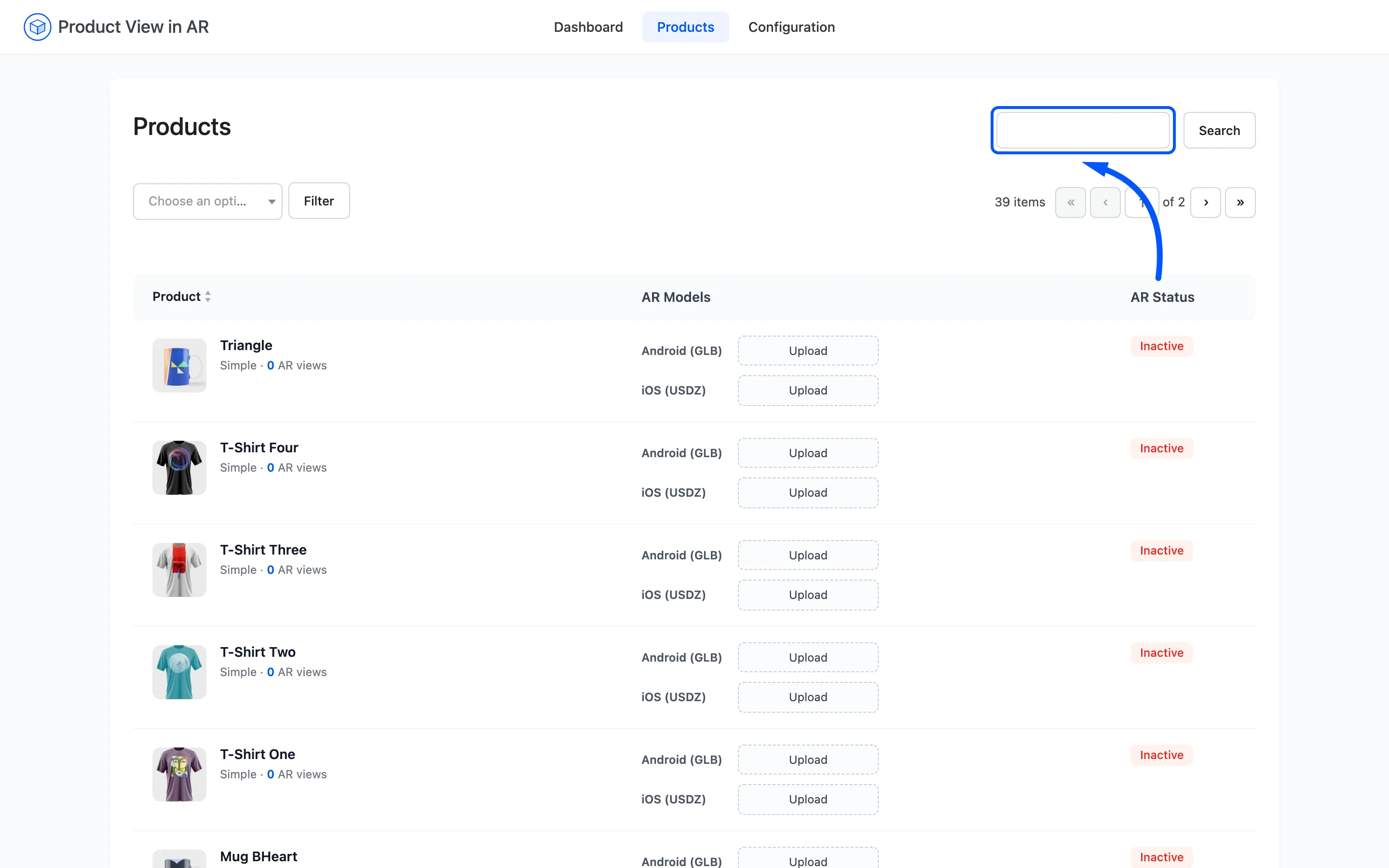 The search box above the products list
