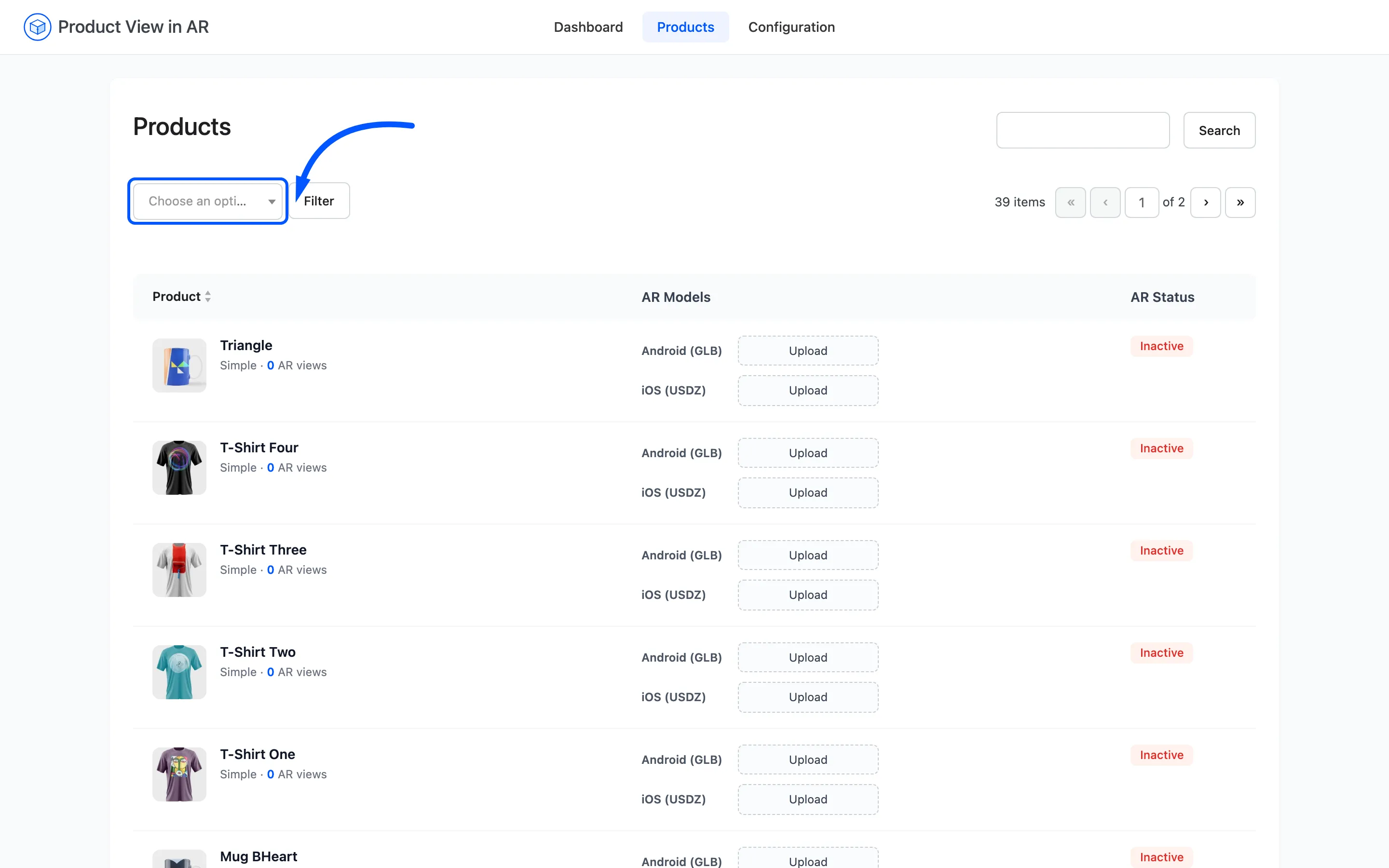 The AR model status filter above the products table