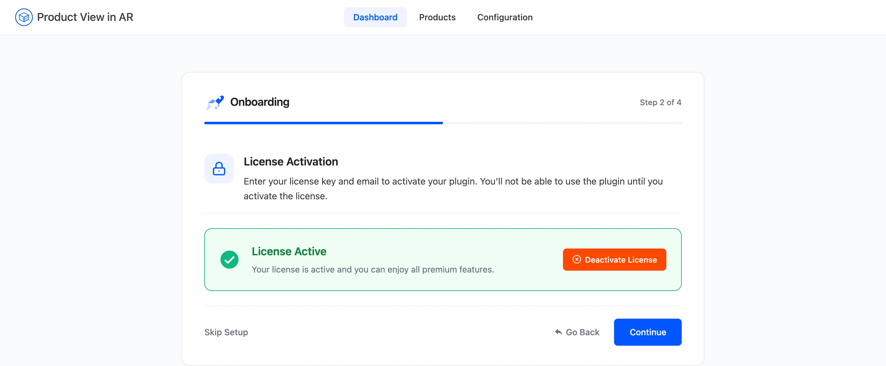 The license step of the setup wizard showing an activated license