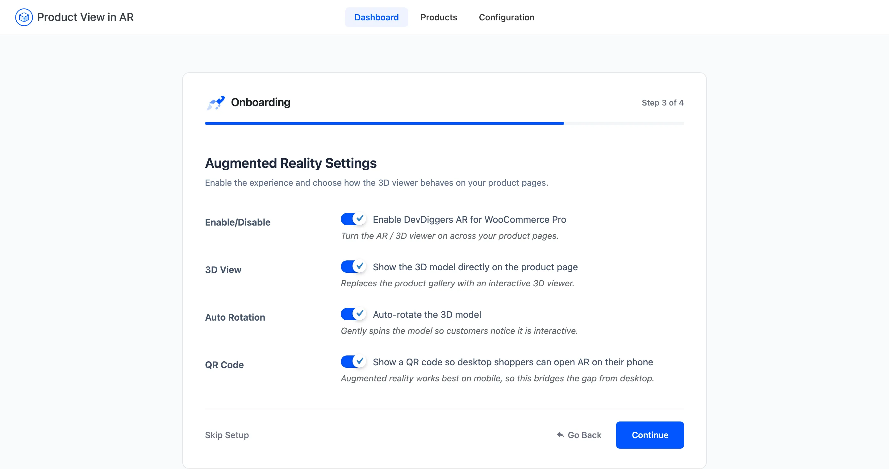 The AR settings step of the setup wizard with its four checkboxes