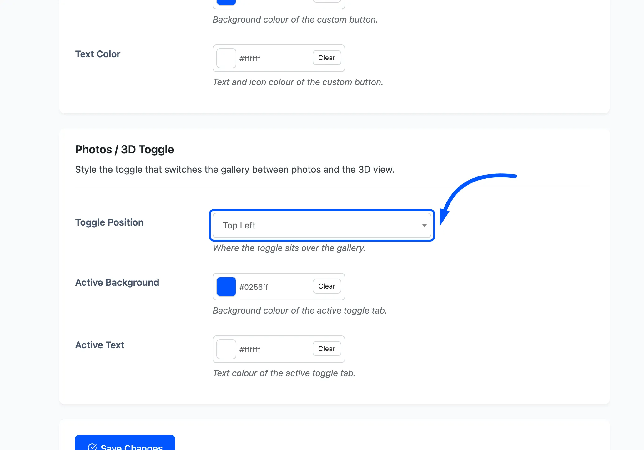 The Toggle Position dropdown