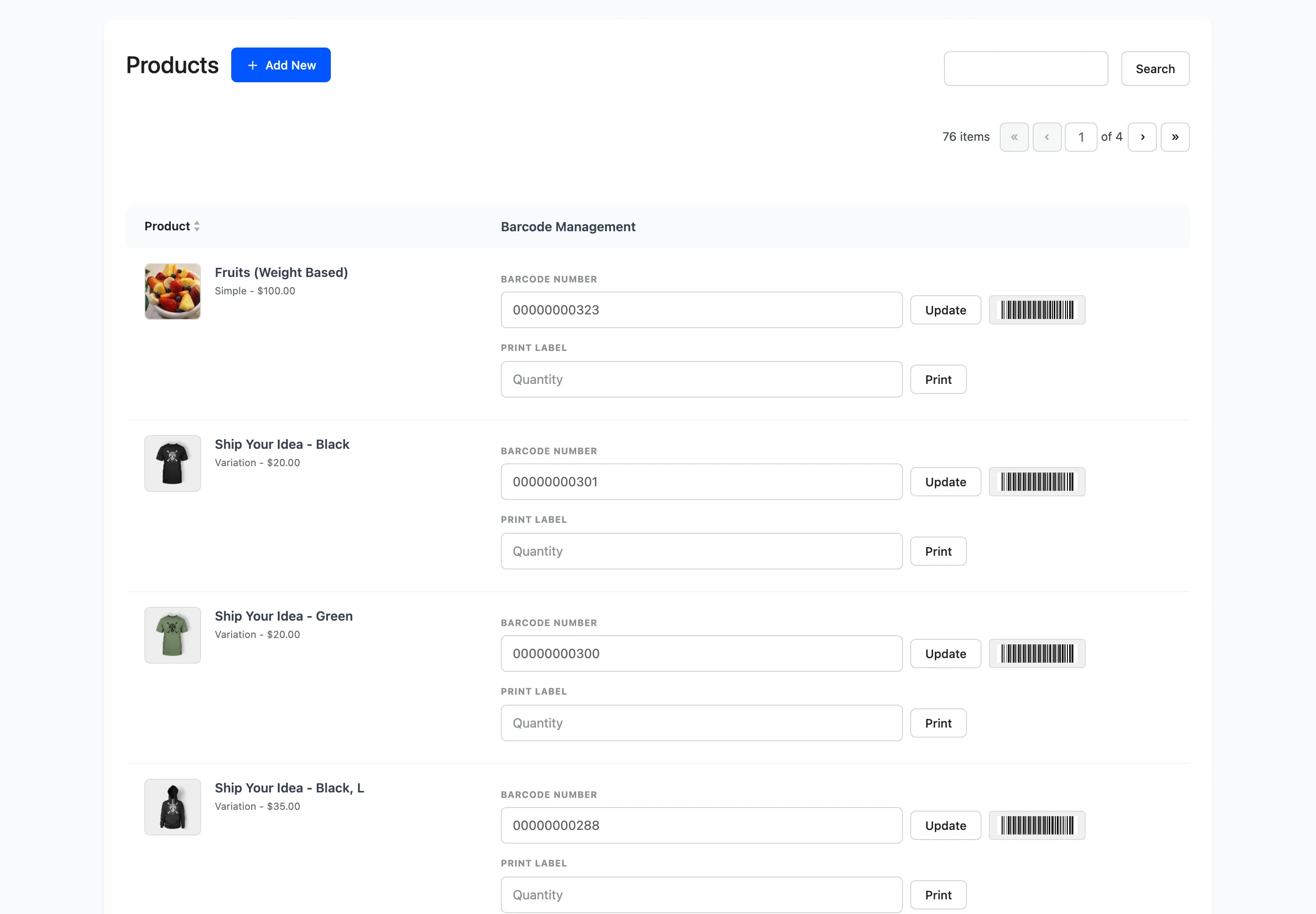 The Assign Barcodes screen with a barcode field and print controls per product
