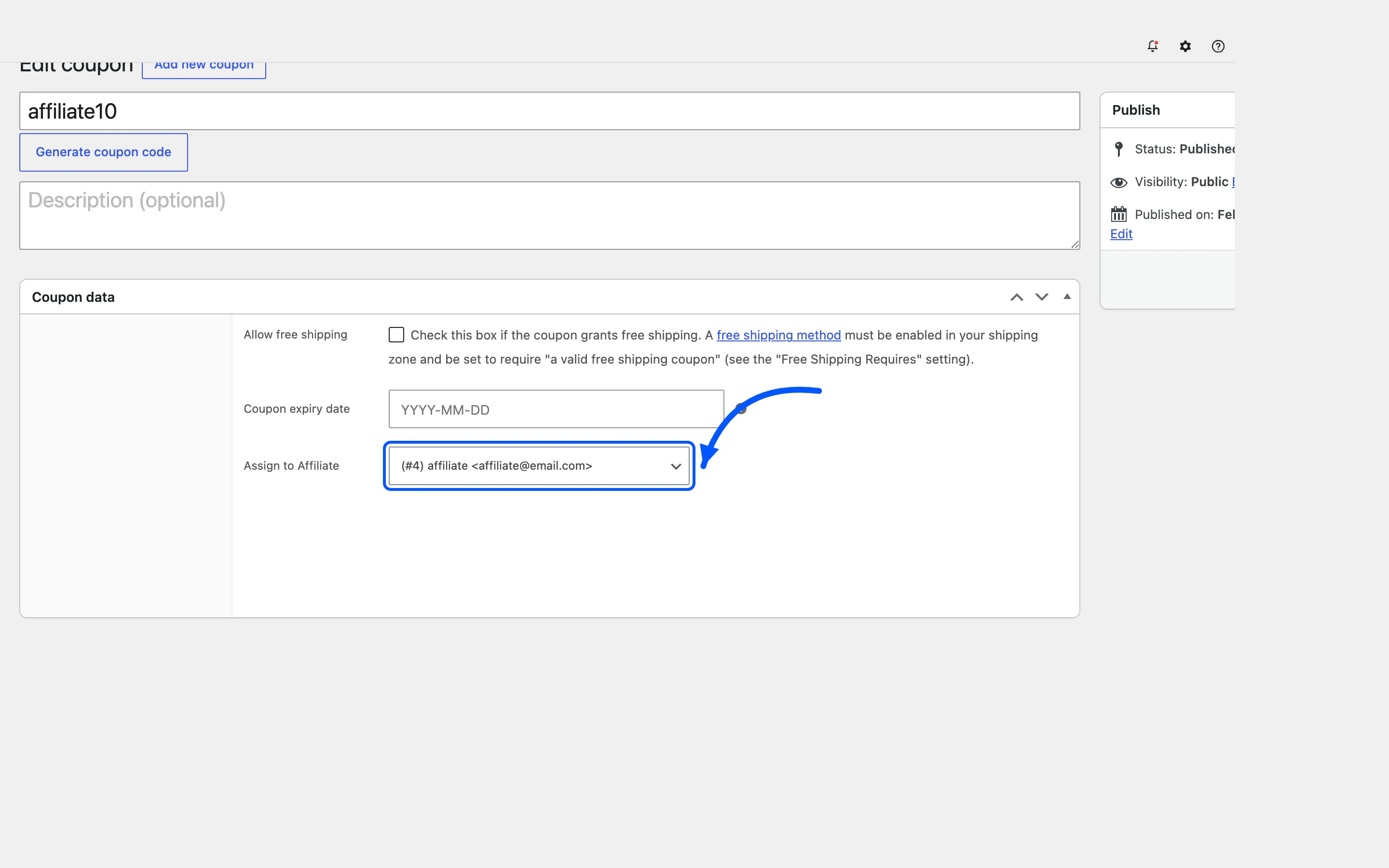 The Assign to Affiliate field on the coupon General panel