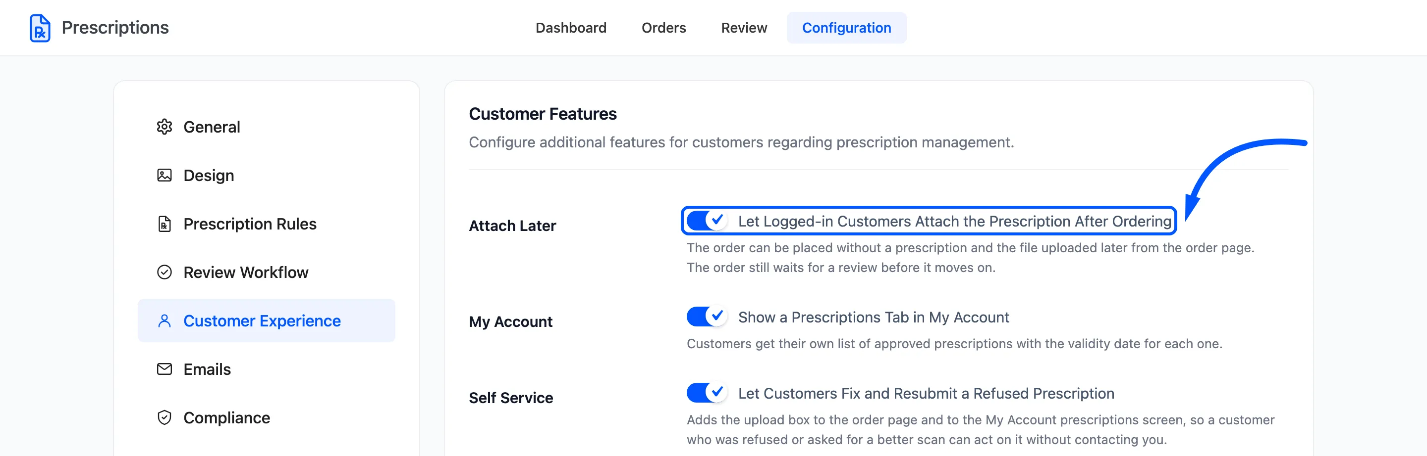 The Attach Later switch on the Customer Experience tab