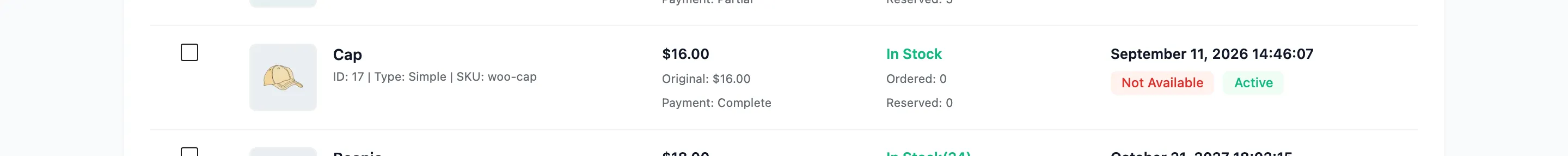 The pre-order row the rule created for a product that sold out