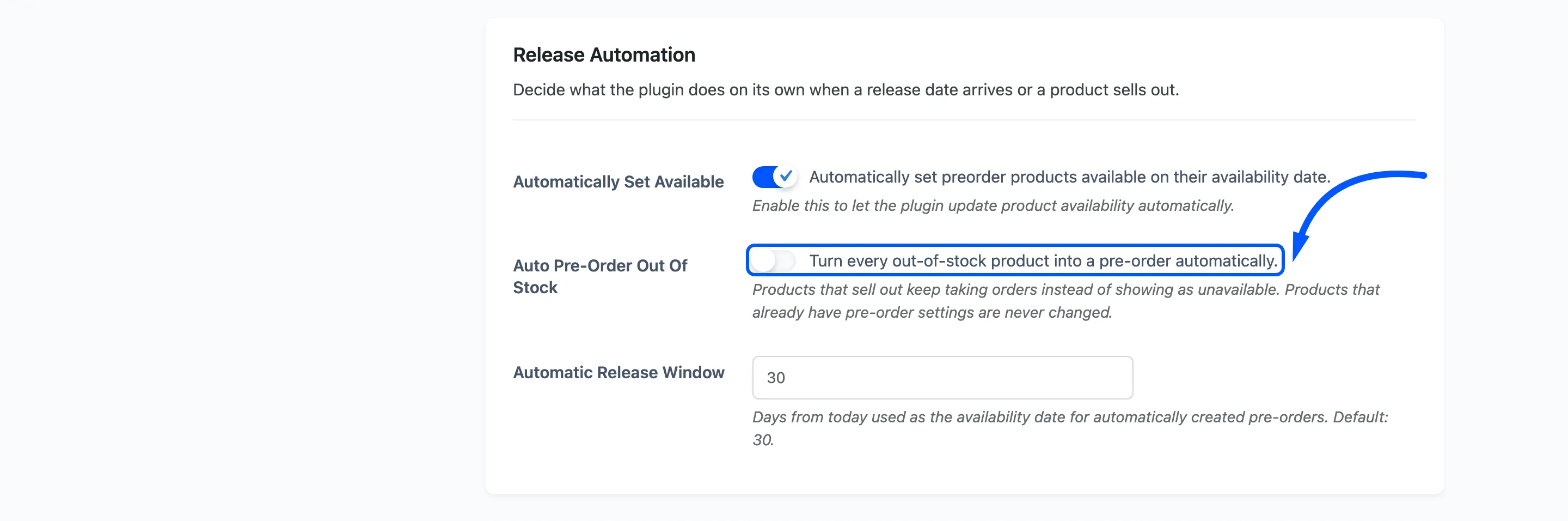 The Auto Pre-Order Out Of Stock field