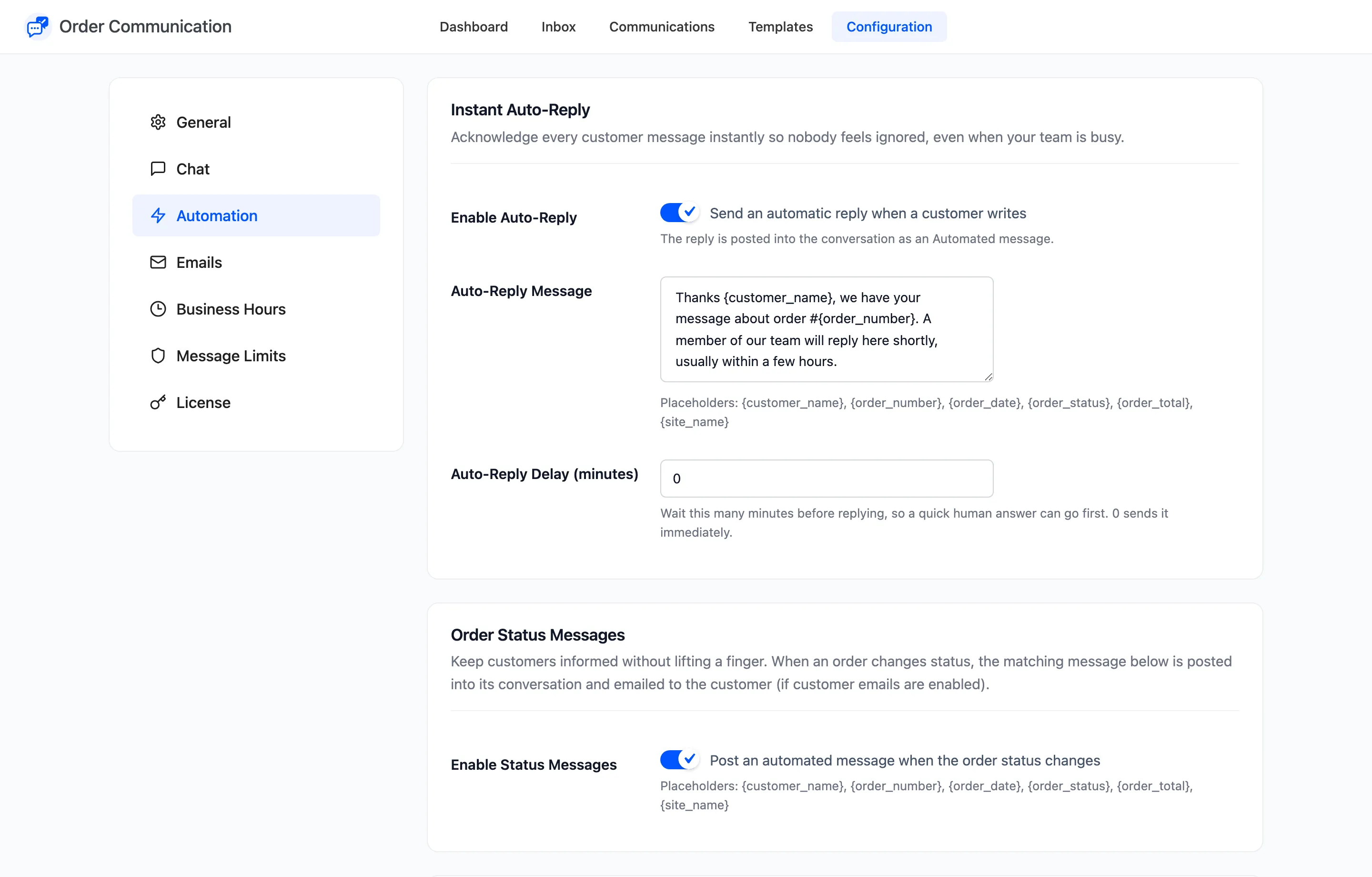 The Instant Auto-Reply section