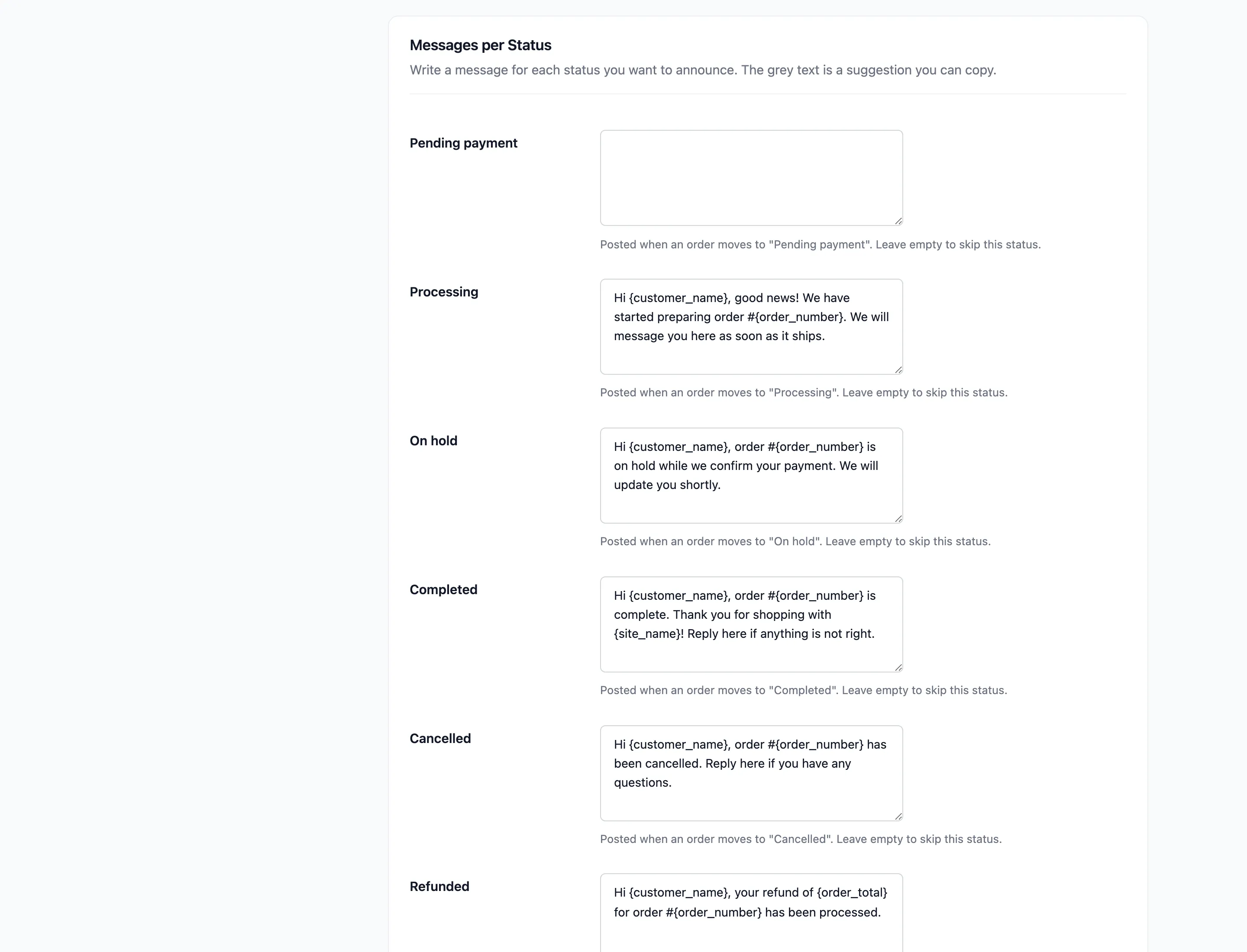The Messages per Status boxes
