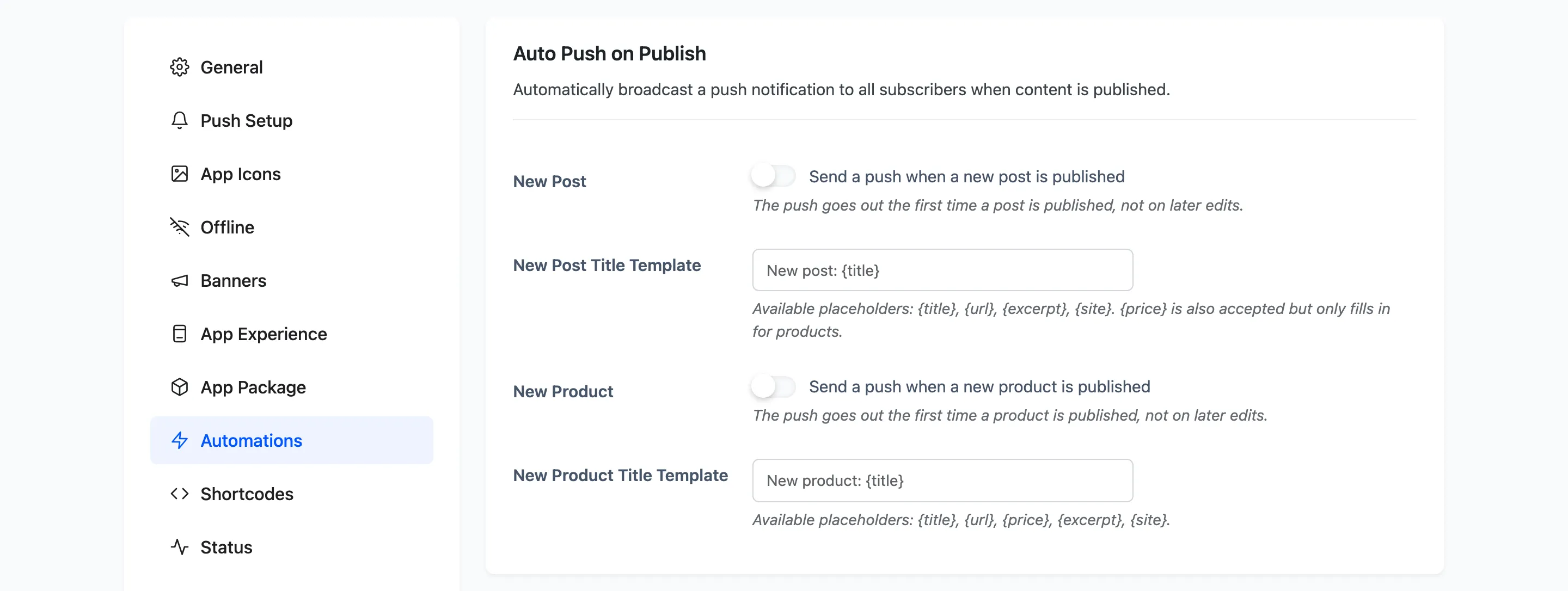 The Auto Push on Publish section