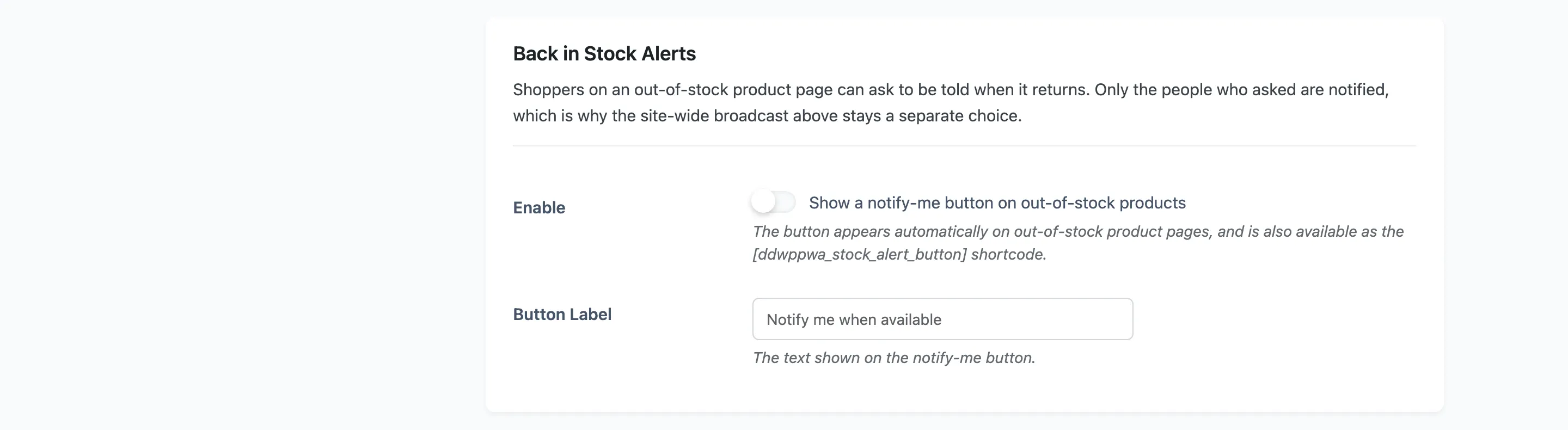 The Back in Stock Alerts section of the Automations tab