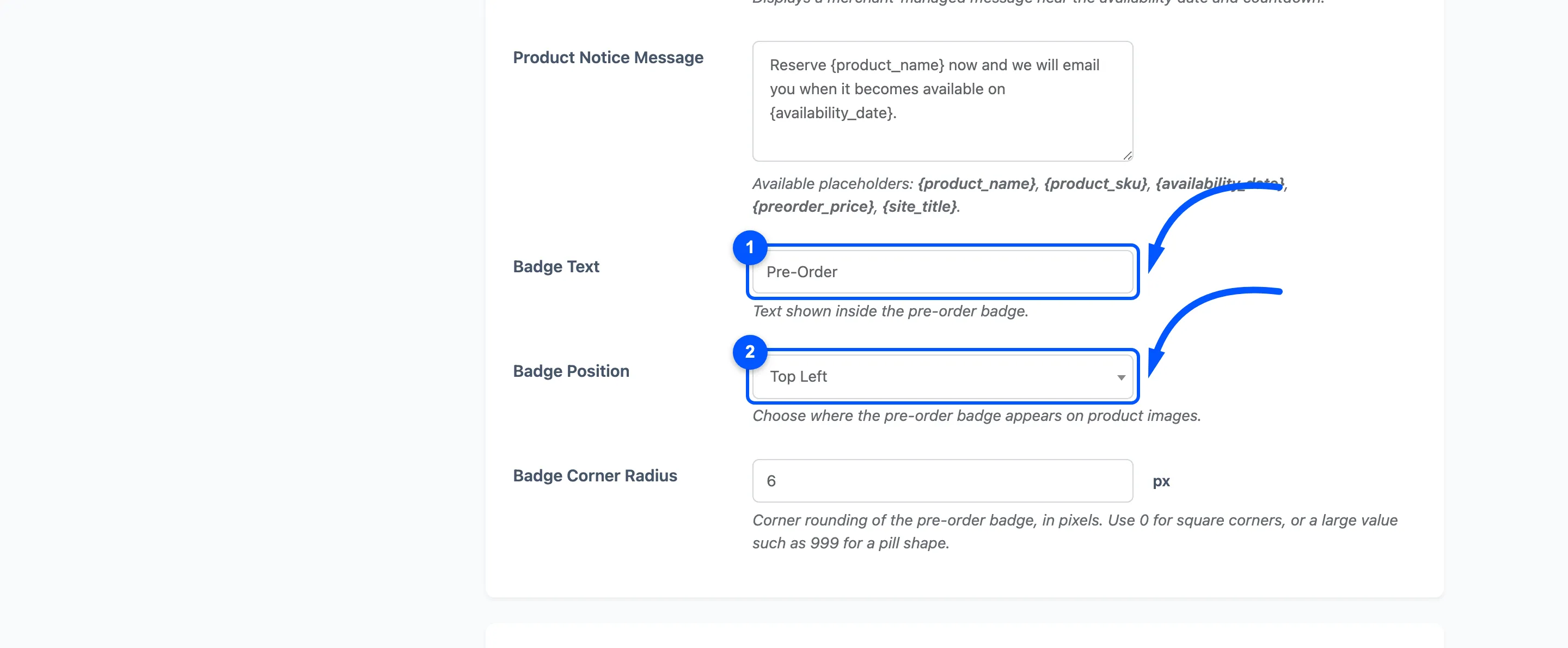 The badge text and position fields