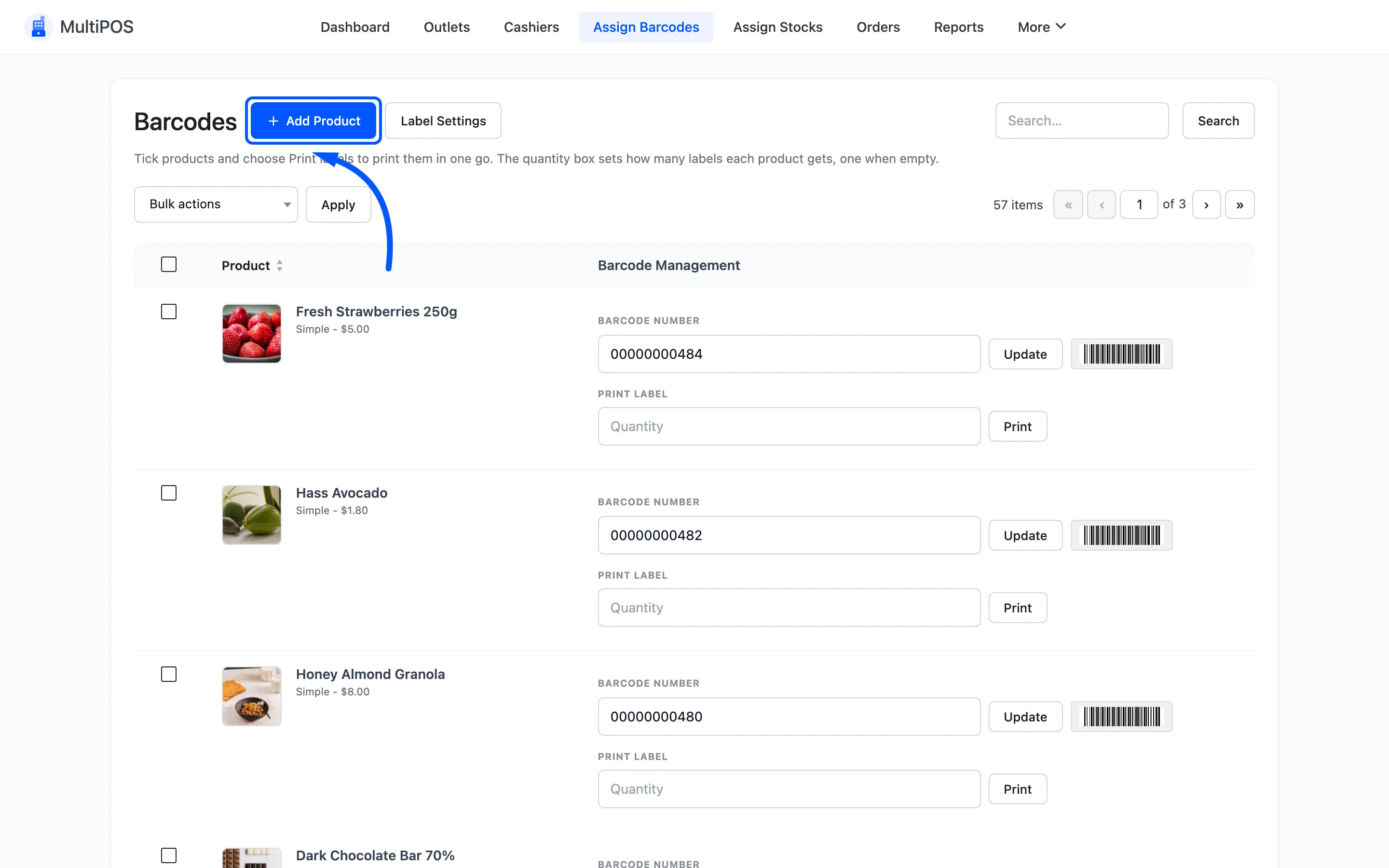 The Add New button beside the Products heading on Assign Barcodes