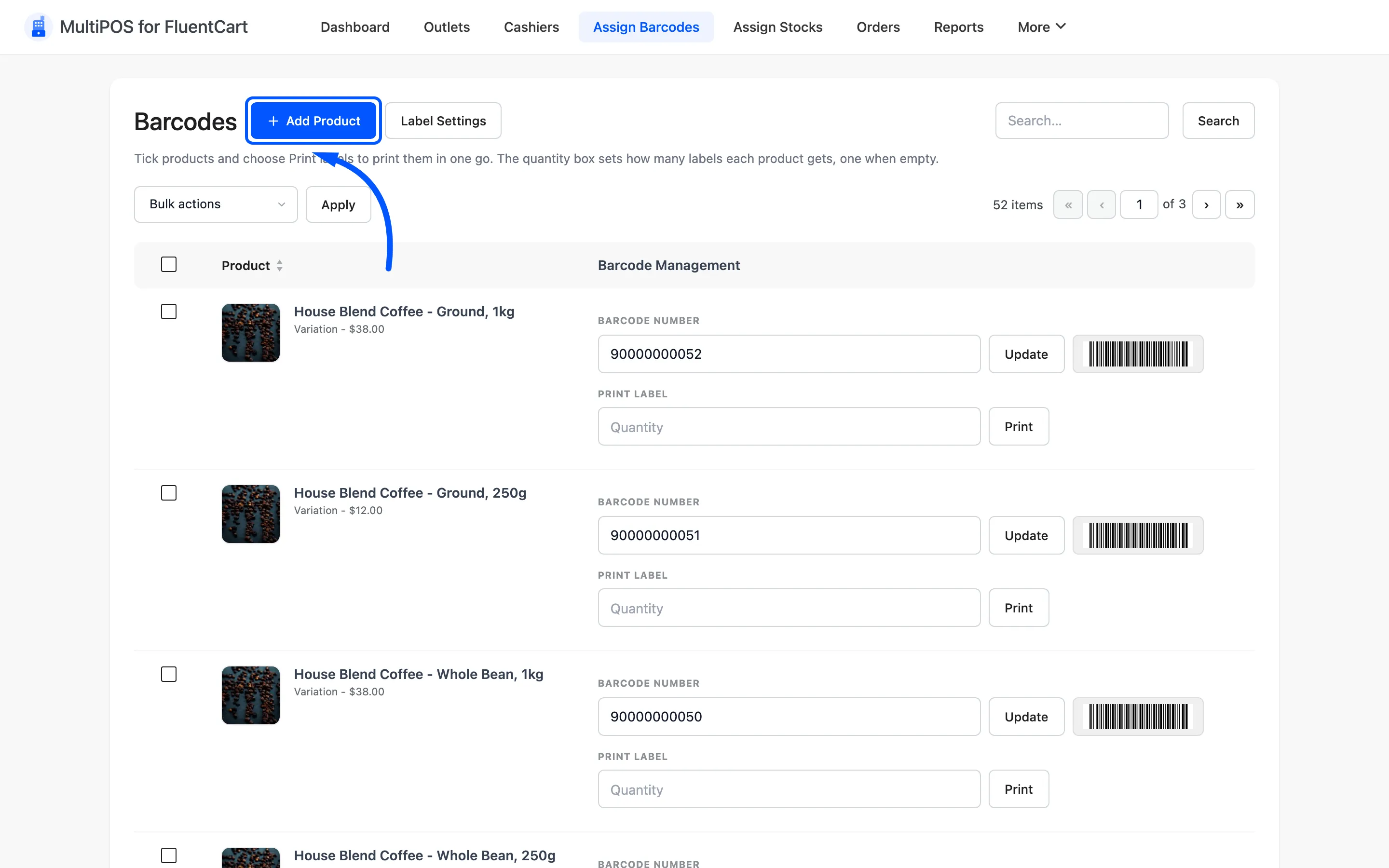 The Add Product button beside the Barcodes heading on Assign Barcodes