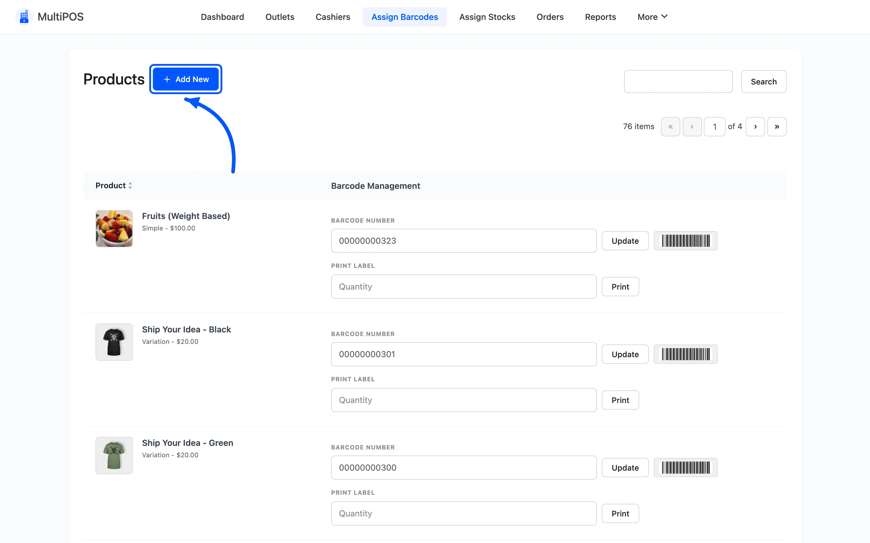 The Add New button beside the Products heading on Assign Barcodes