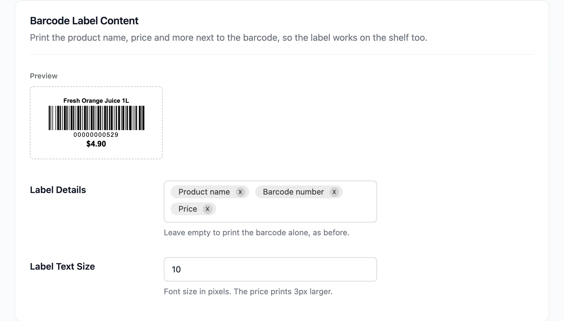 The Barcode Label Content section with Label Details and Label Text Size, and the live label preview