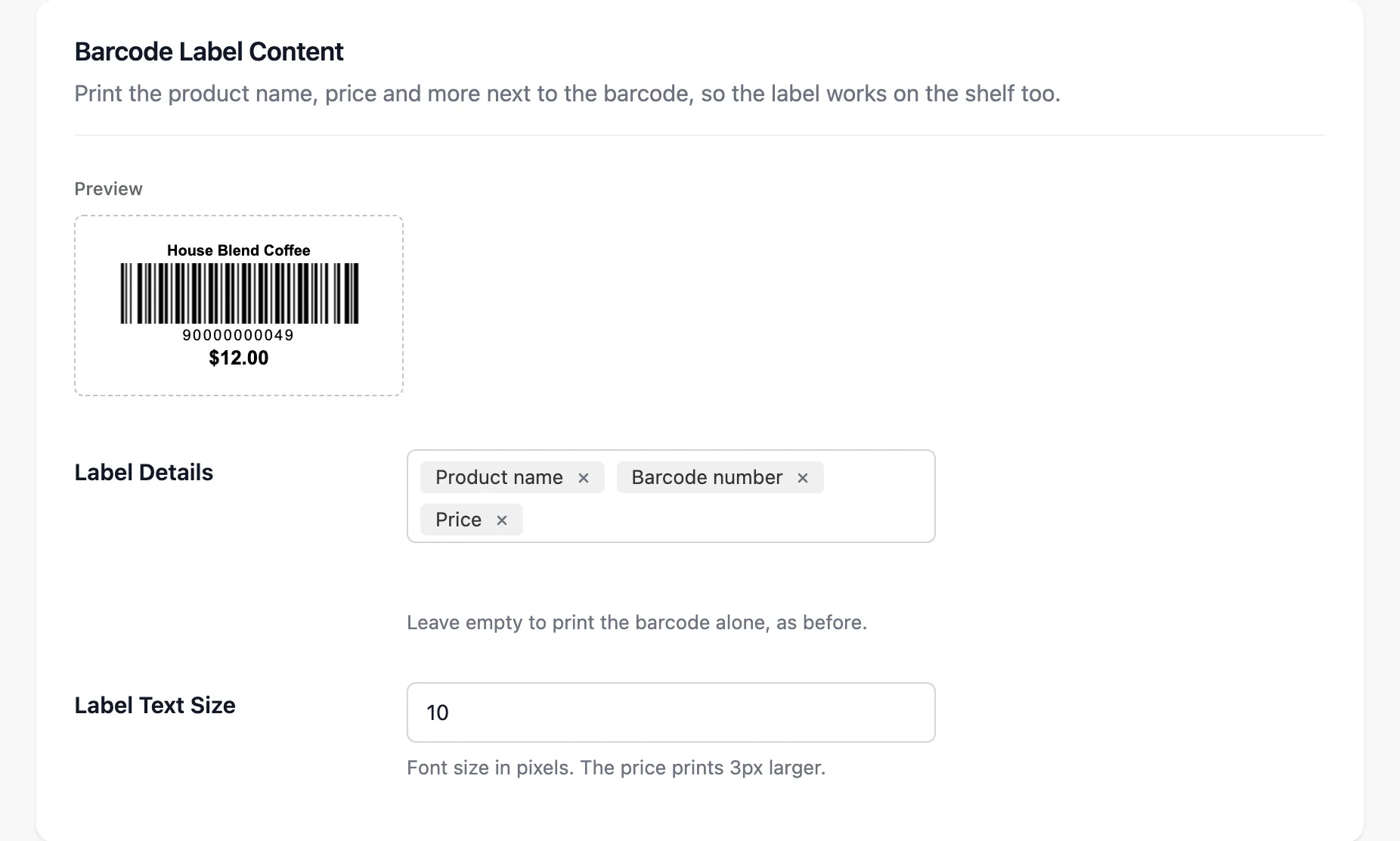 The Barcode Label Content section with Label Details and Label Text Size, and the live label preview