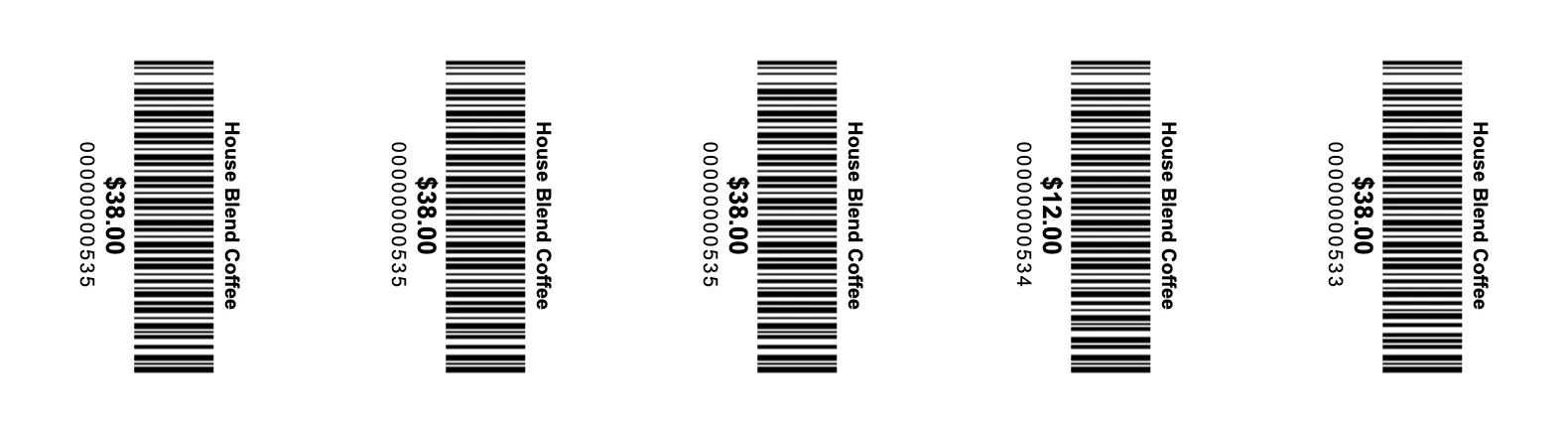 Five printed labels, each with the product name, price and barcode number beside the bars