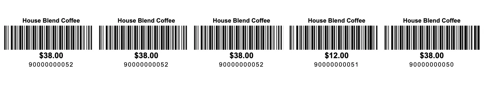 Five printed labels, each with the product name, price and barcode number beside the bars