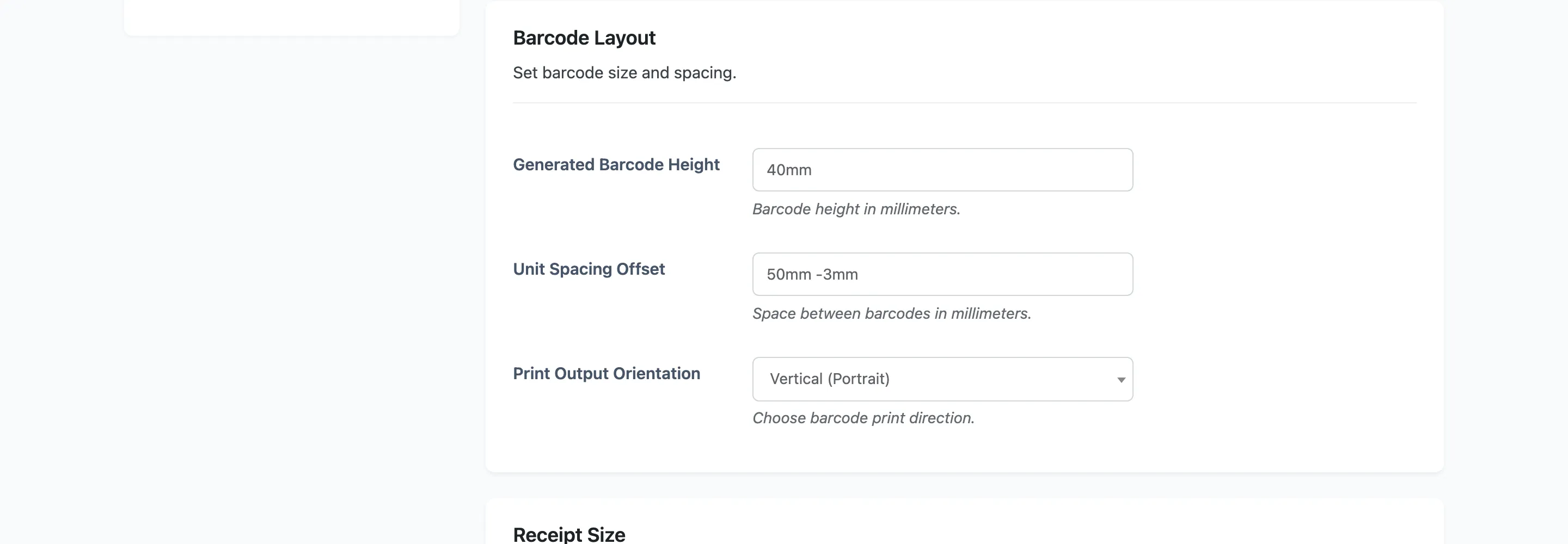 The Barcode Layout section with height, spacing and orientation fields