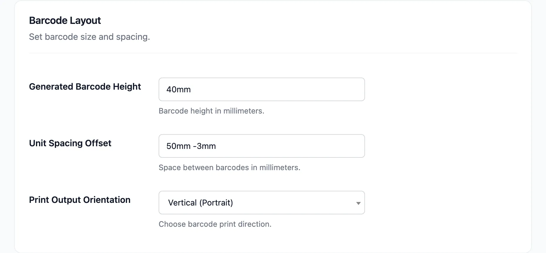 The Barcode Layout section with height, spacing and orientation fields