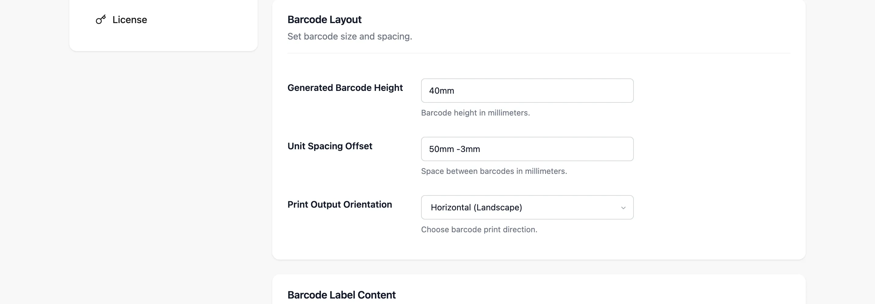 The Barcode Layout section with height, spacing and orientation fields