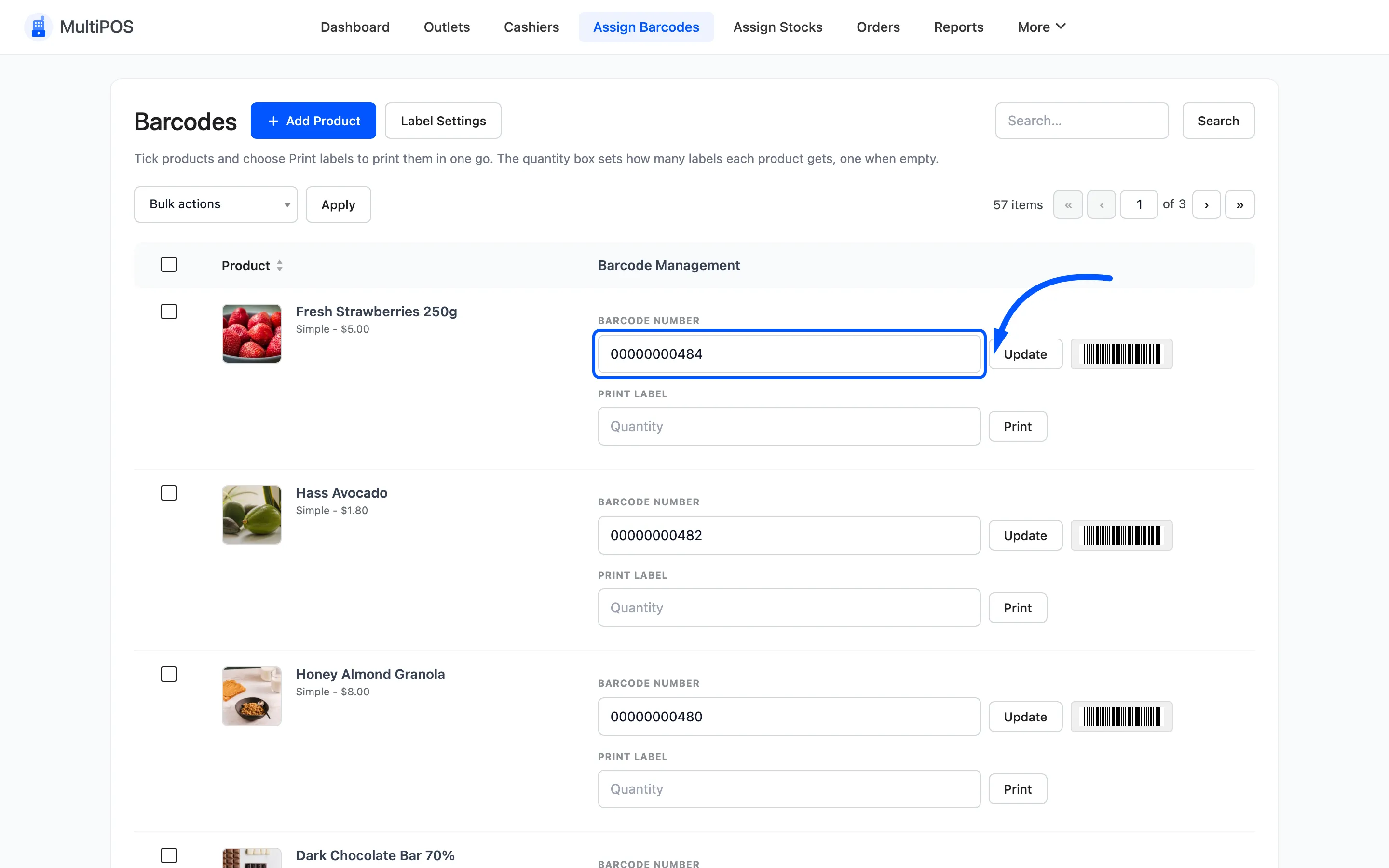 The barcode number field on a product row