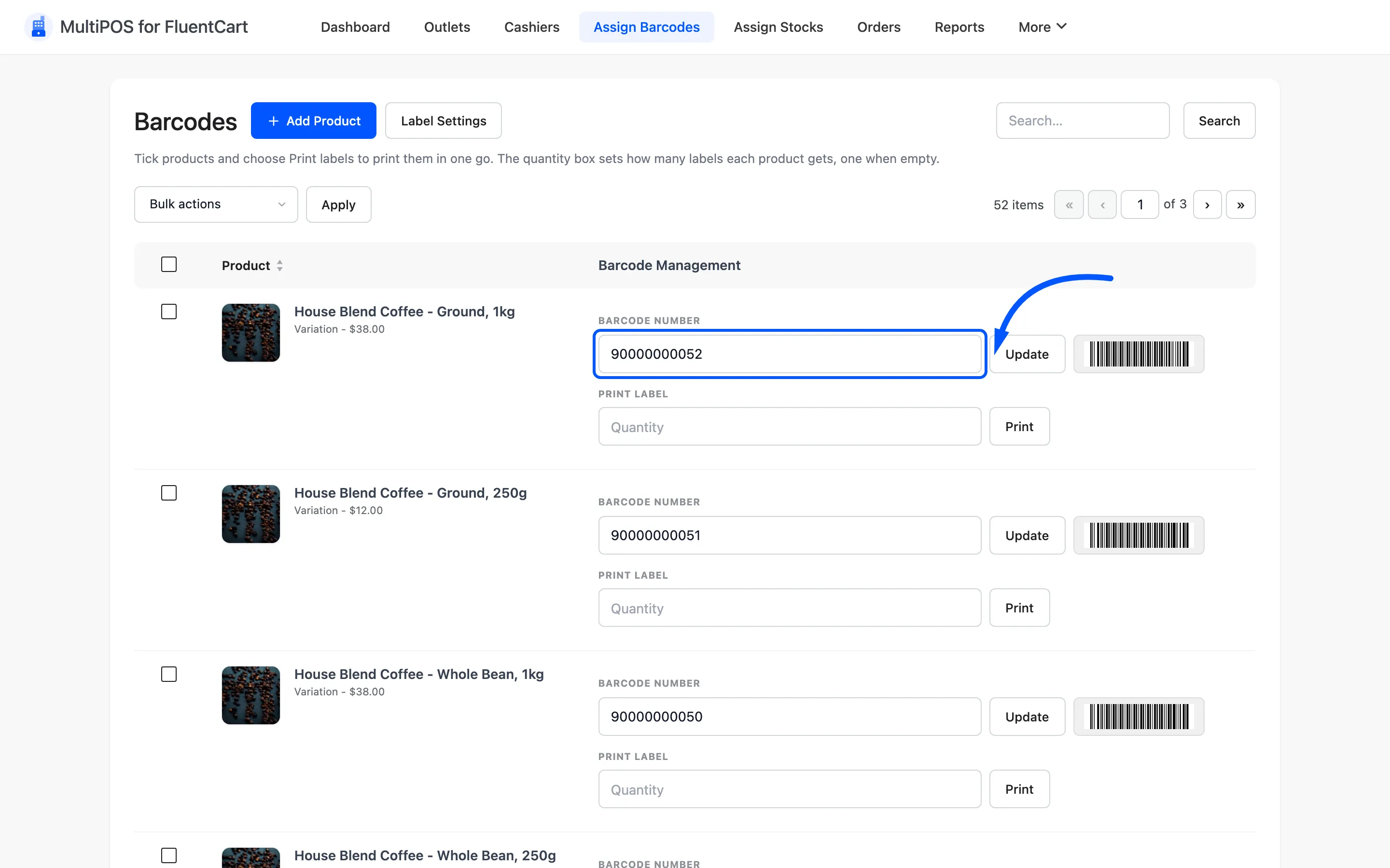 The barcode number field on a product row