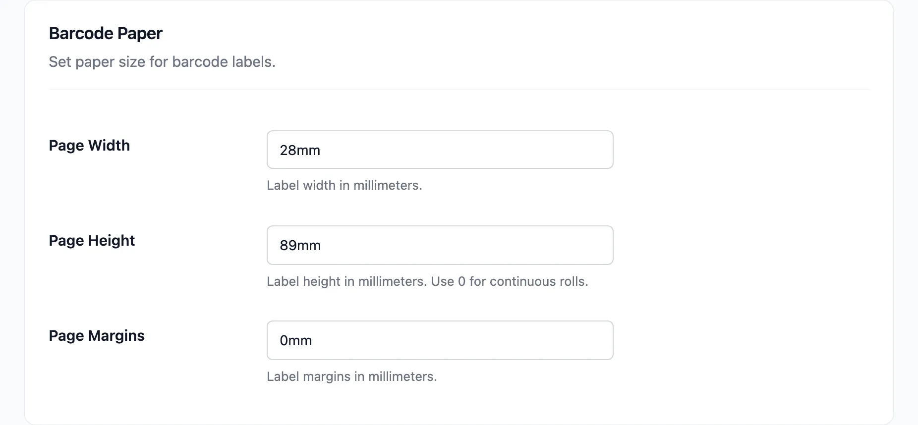 The Barcode Paper section with page width, height and margins