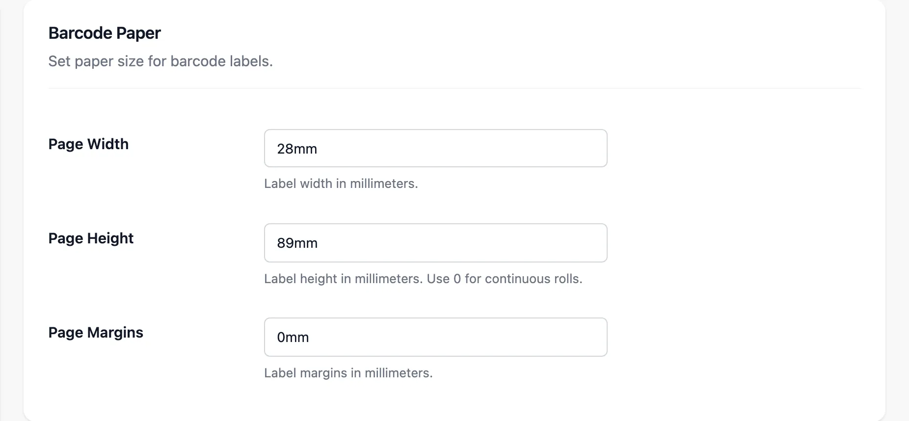 The Barcode Paper section with page width, height and margins