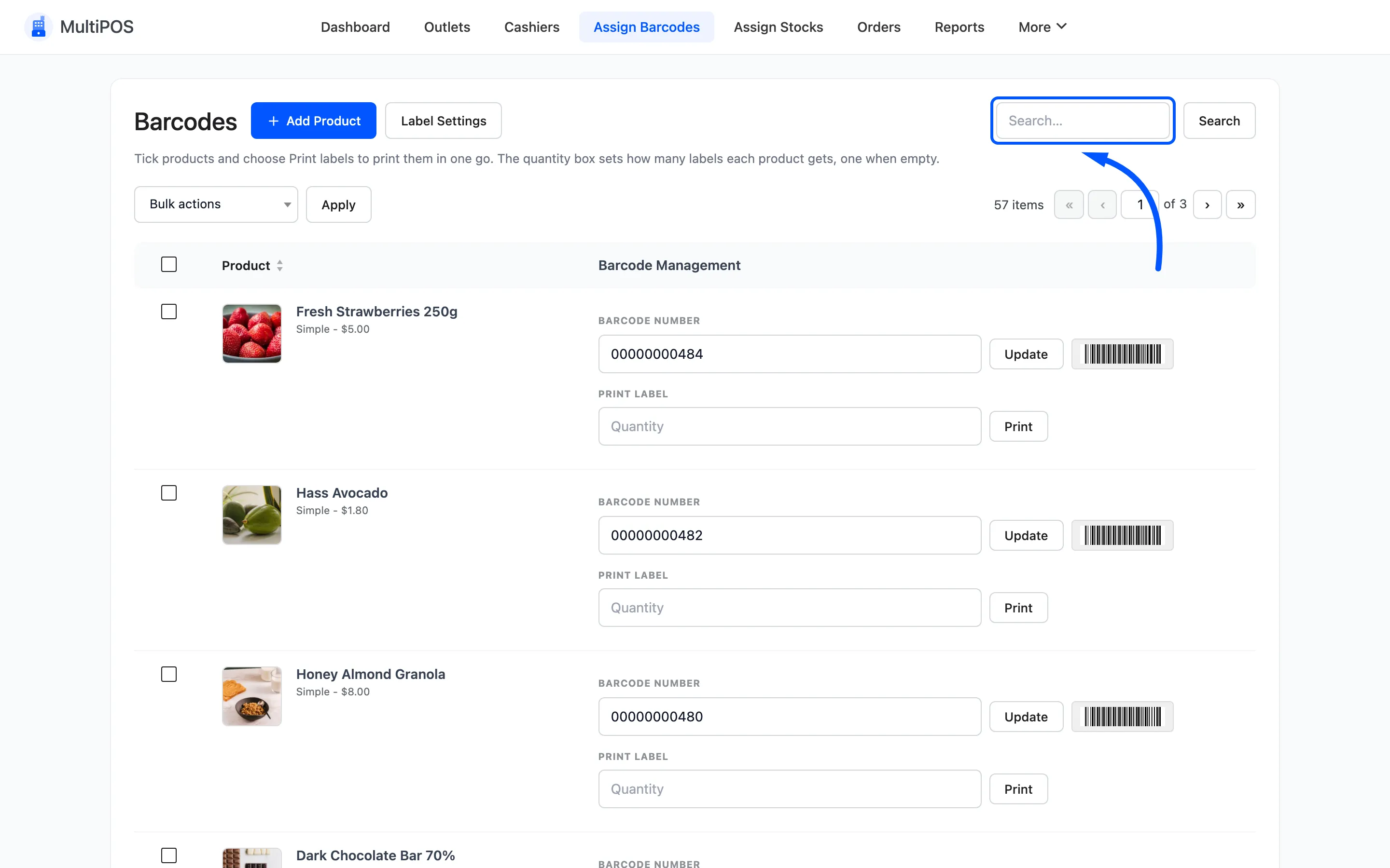 The product search box on the Assign Barcodes screen
